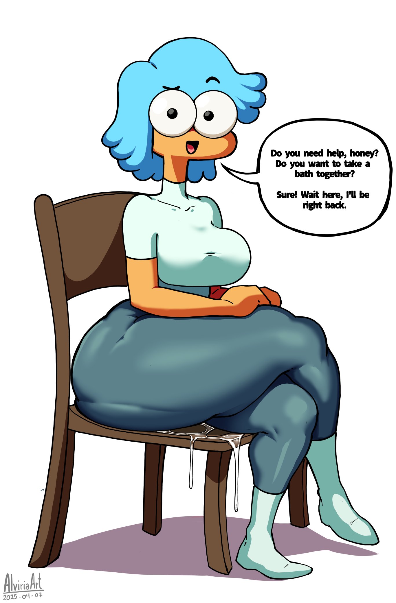 alviriaart, big thighs, blue hair, chair, dildo, dildo in ass, dildo insertion, dildo sitting, dildo sitting reveal, female, flight attendant (the amazing world of gumball), sitting, the amazing world of gumball, white background