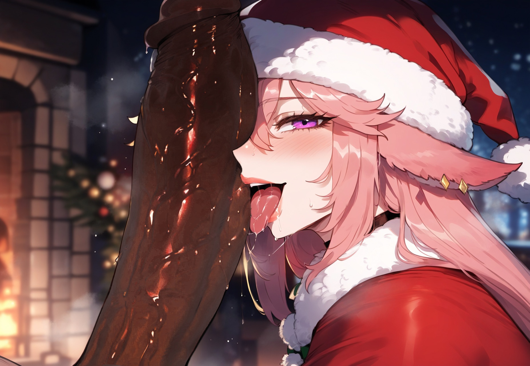 1boy, 1girls, ai generated, animal ear fluff, animal ears, balls, bangs, black mane, black-skinned male, blush, breasts, christmas, christmas outfit, clothing, dark skin, dark-skinned male, fellatio, female, female focus, fox ears, fox girl, genshin impact, large penis, long hair, male, miyuai, oral, penis, pink hair, purple eyes, red jacket, saliva, saliva trail, semen, semen in mouth, straight, sweat, testicles, tongue, tongue out, ugly, veins, veiny penis, voluptuous, voluptuous female, yae miko, yae miko (genshin impact)