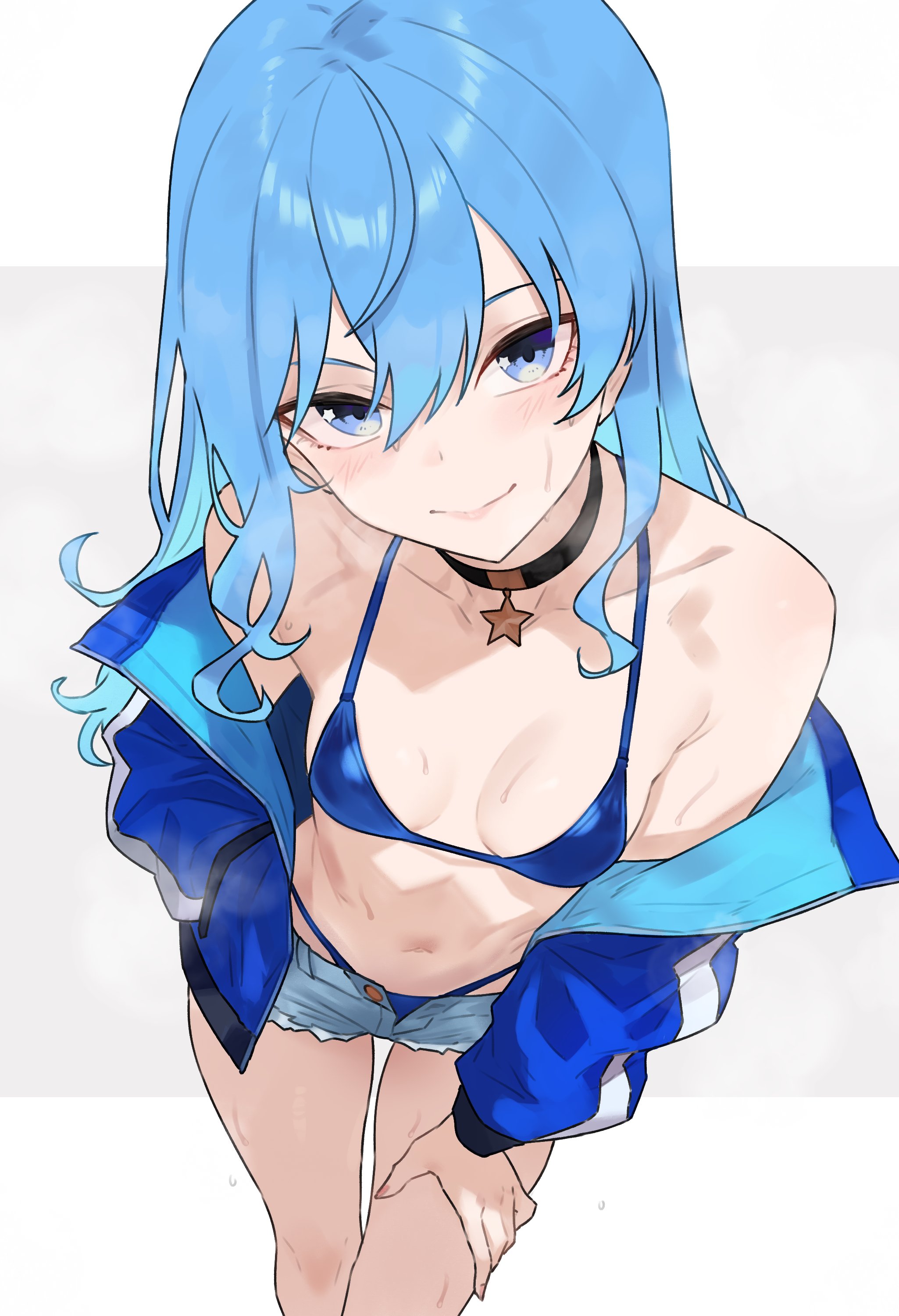 1girls, bikini, blue eyes, blue hair, bluefield, breasts, collar, female, hololive, hololive gen 0, hololive japan, hoshimachi suisei, jacket, leaning forward, looking at viewer, shorts, small breasts, smile, solo, sweat, sweaty, thigh gap, virtual youtuber