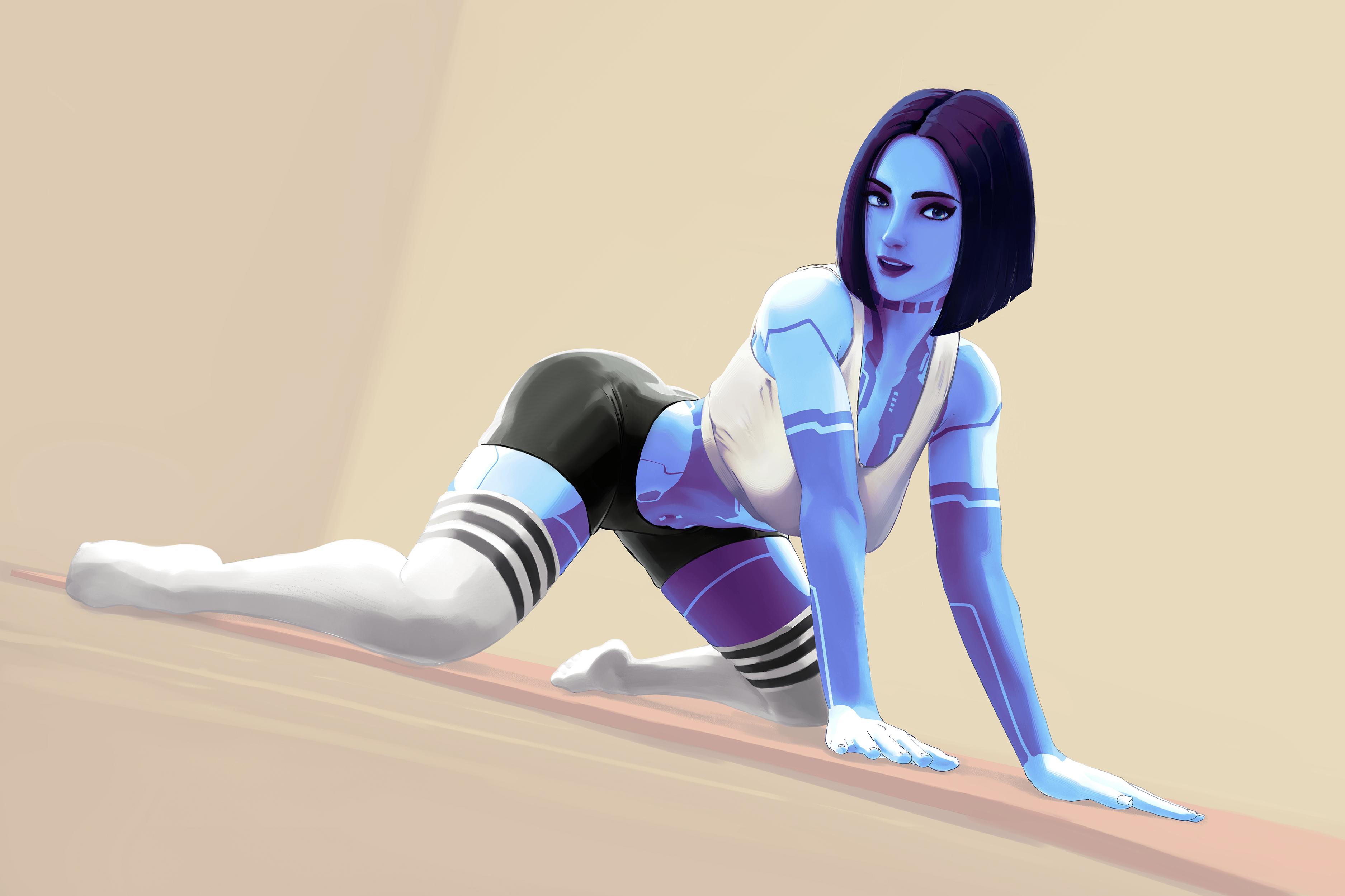 1girls, ass, bike shorts, black hair, blue body, blue skin, body markings, cortana, female, female focus, female only, halo (series), jafet meza, kneehighs, kneesocks, large ass, short hair, solo, solo female, solo focus, wide hips