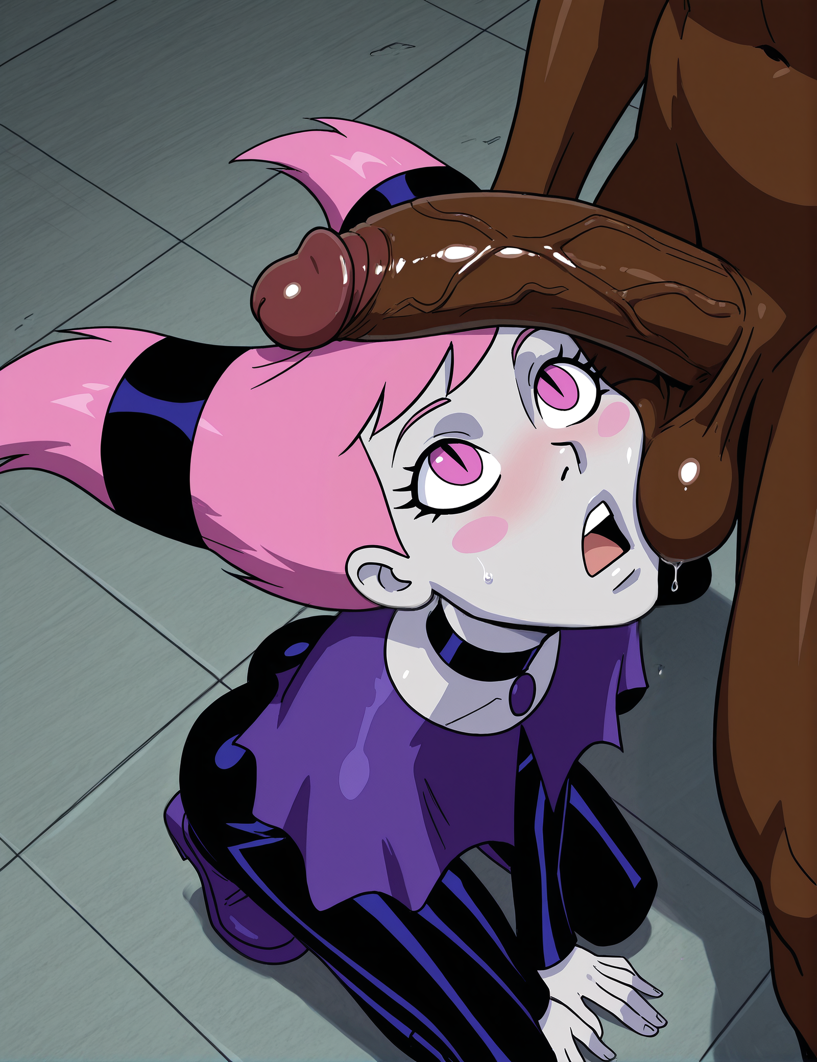 1boy, 1girls, ai generated, cock shock, dark skin, dark-skinned male, dc, dc comics, female, huge cock, interracial, jinx (dc), male, penis, penis on face, rorioriai, stable diffusion, surprised, teen titans