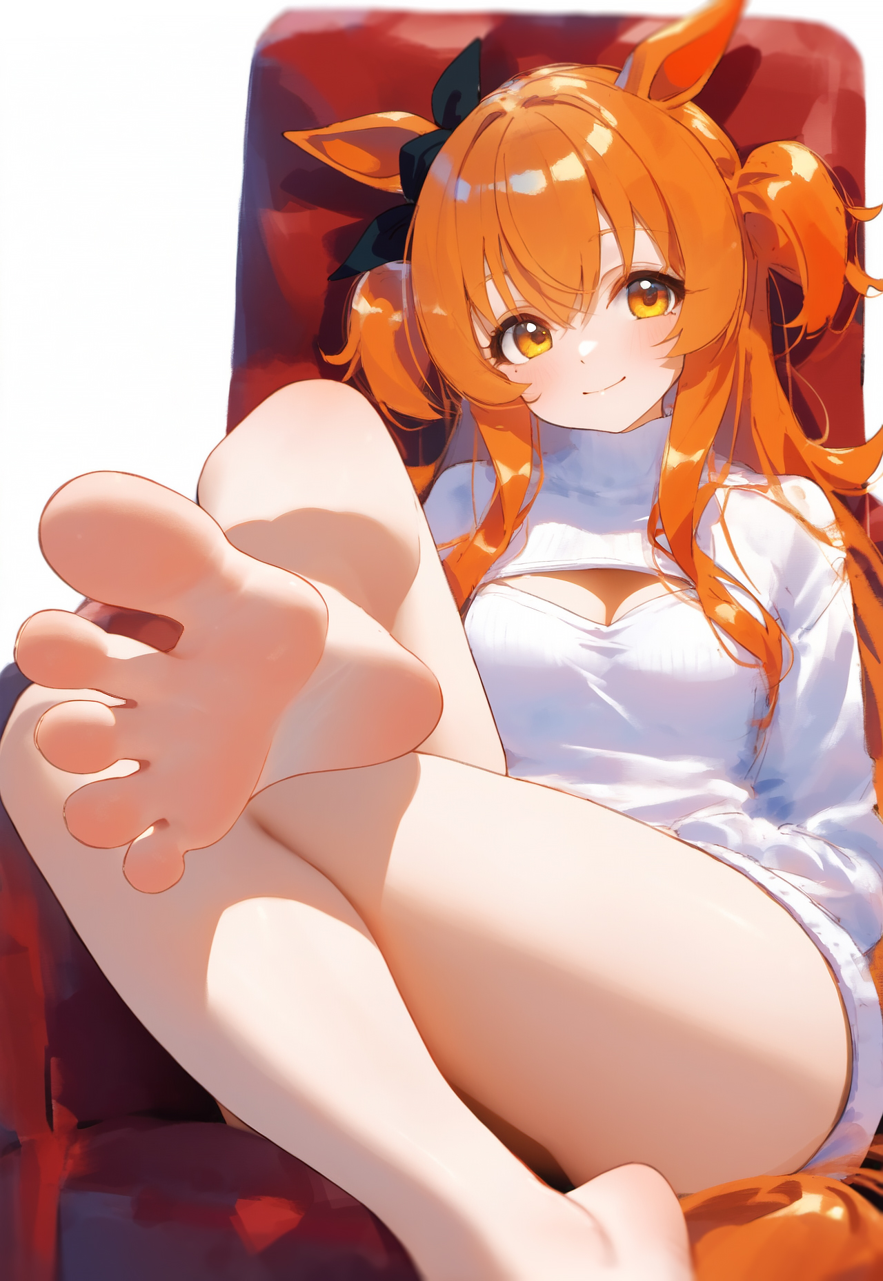 ai generated, animal ears, feet, female, fluffy hair, horse girl, long hair, mayano top gun (umamusume), orange eyes, orange hair, ribbon, sweater, umamusume, umamusume pretty derby