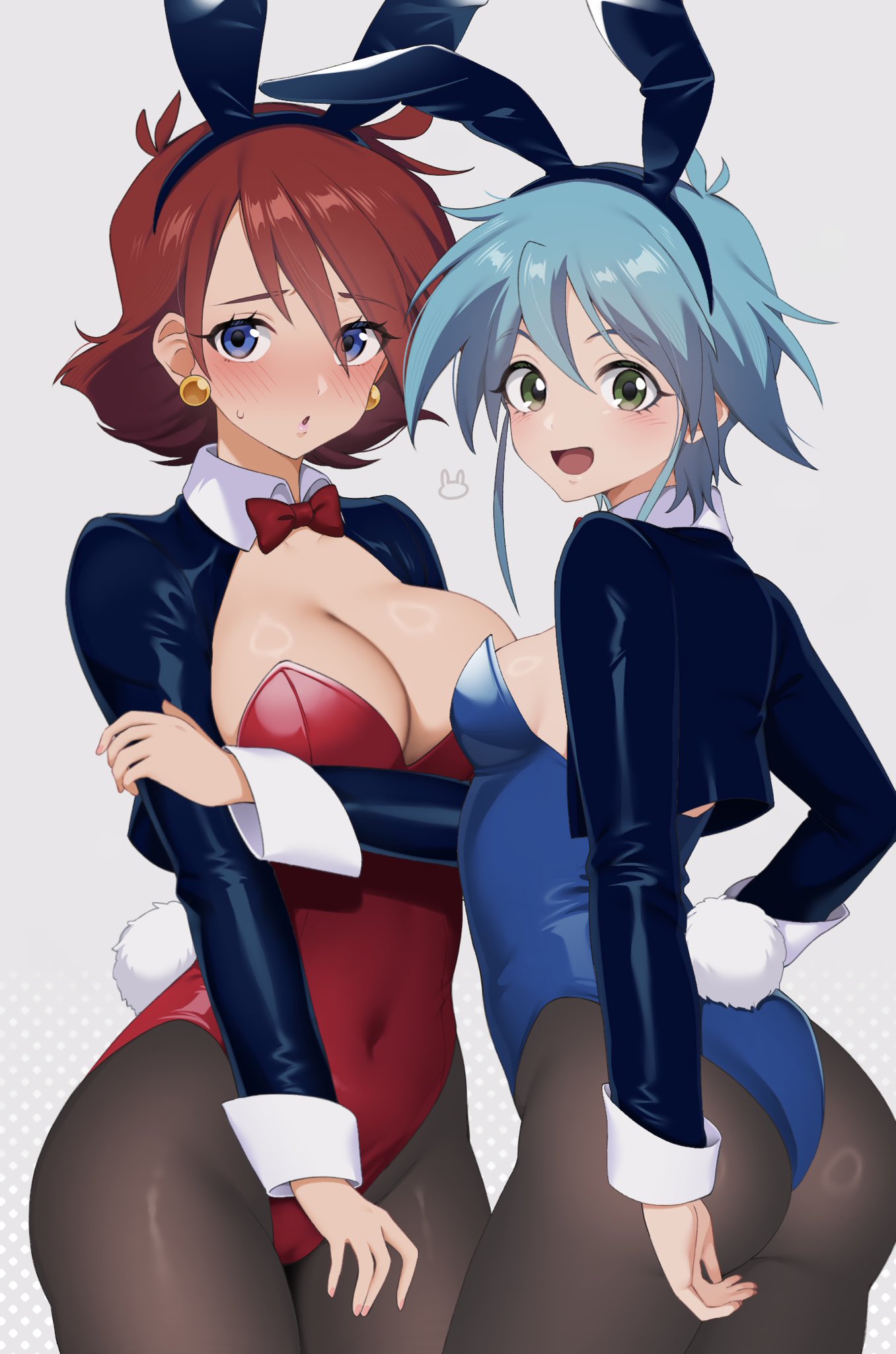 2girls :o allenby_beardsley animal_ears ass black_jacket black_pantyhose blue_eyes blue_hair blue_leotard blush bow bowtie breasts campbell_xx commentary_request covered_navel cowboy_shot cropped_jacket detached_collar earrings fake_animal_ears fake_tail g_gundam green_eyes gundam highleg highleg_leotard highres jacket jewelry large_breasts leotard light-skinned_female light_skin long_sleeves looking_at_viewer multiple_girls open_mouth pantyhose parted_lips playboy_bunny rabbit_ears rabbit_tail rain_mikamura red_bow red_bowtie red_hair red_leotard small_breasts small_sweatdrop smile sphere_earrings standing tail