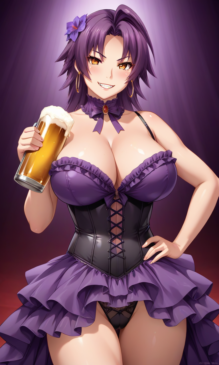 1girls ahoge ai_generated ass azuma_marina bare_shoulders big_ass big_breasts breasts burlesque cleavage corset earrings female hair_ornament holding_beer hoop_earrings huge_ass huge_breasts isogil kashidashi_tsuma_marina_no_"netorase"_houkoku_binkan_tsuma_to_zetsurin_daigakusei looking_at_viewer looking_back_at_viewer nipples panties purple_dress purple_hair sexy_pose shiny_skin short_hair thick_thighs thighs