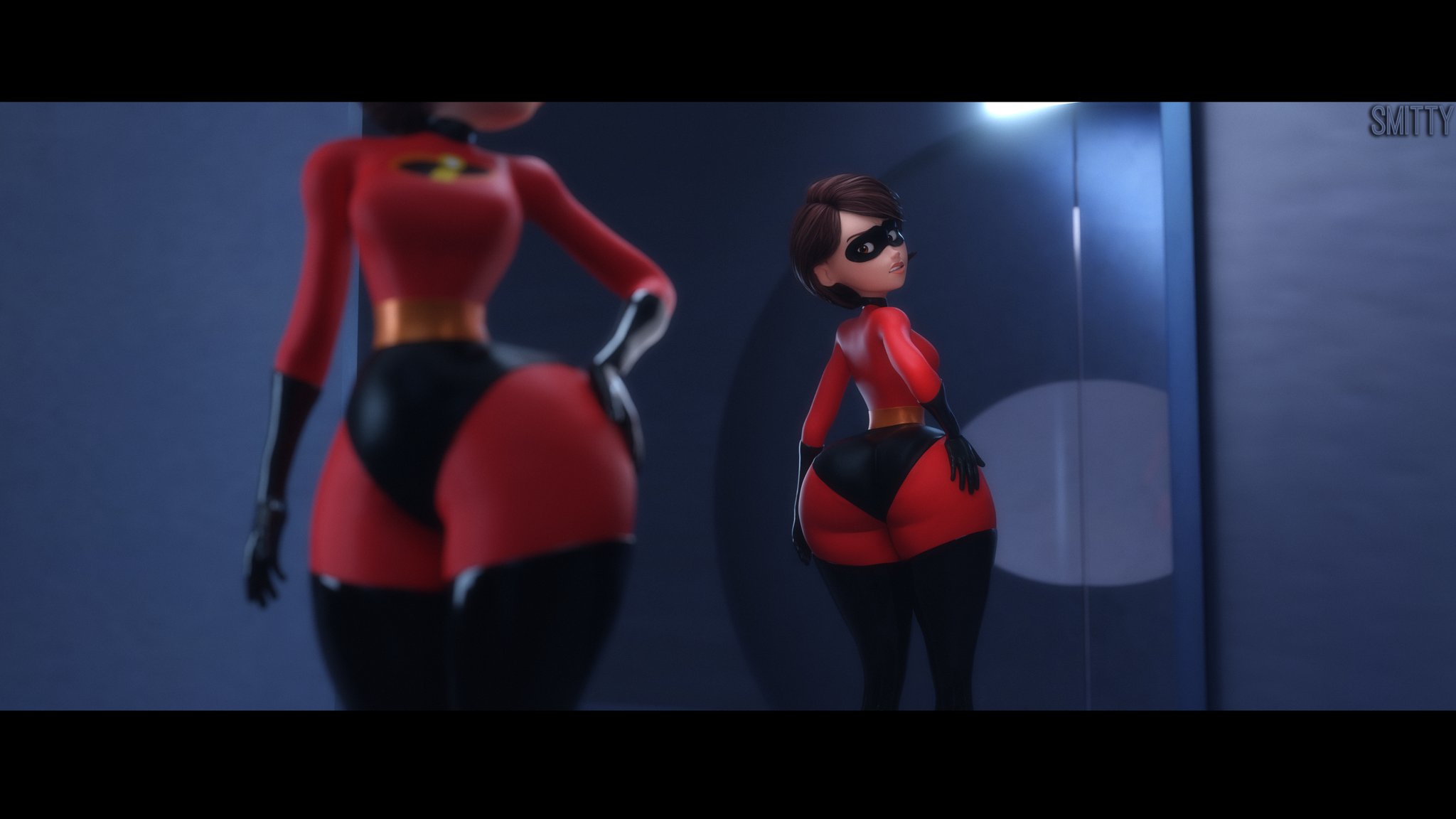 ass, ass focus, big ass, bubble ass, bubble butt, clothing, elastigirl, elastigirl mirror scene, female, fully clothed, helen parr, huge ass, mature female, milf, mother, mrs incredible, pose, posing, smitty34, superheroine, supersuit, the incredibles