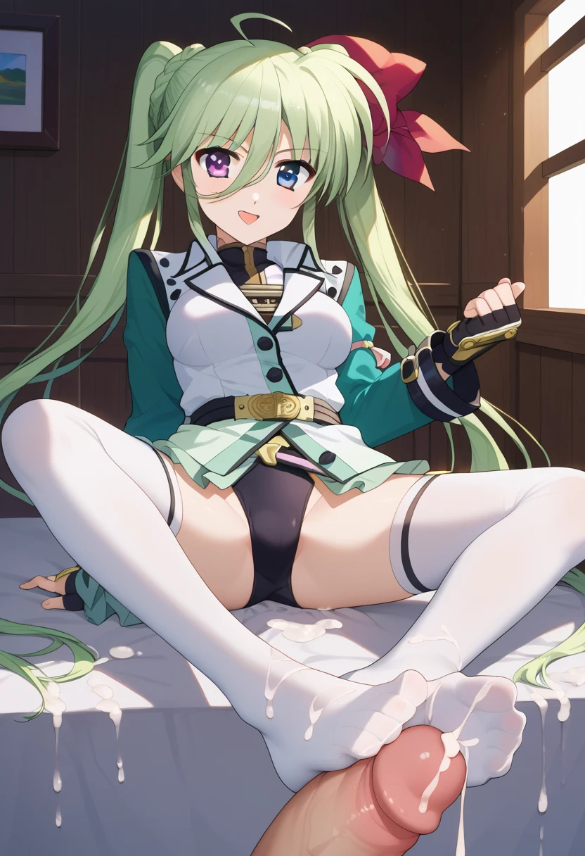 ai_generated blue_eyes bukkake cum cum_bath cum_in_feet cum_on_feet cum_on_socks cumshot cumshot_on_feet einhart_stratos female foot_fetish foot_on_penis foot_play foot_worship footjob green_hair heterochromia mahou_shoujo_lyrical_nanoha mahou_shoujo_lyrical_nanoha_strikers penis purple_eyes