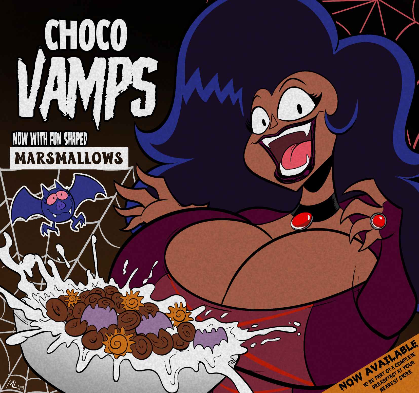 1girls 2025 advertisement ameizing_lewds bat big_breasts box_art breast_focus breasts cartoon_network cereal choker cleavage clothed clothed_female clothing dark-skinned_female dark_hair dark_skin english english_text fangs female female_focus female_only fully_clothed fully_clothed_female huge_breasts ok_k.o.!_let's_be_heroes sharp_teeth solo solo_female solo_focus text vampire warner_brothers wilhamena