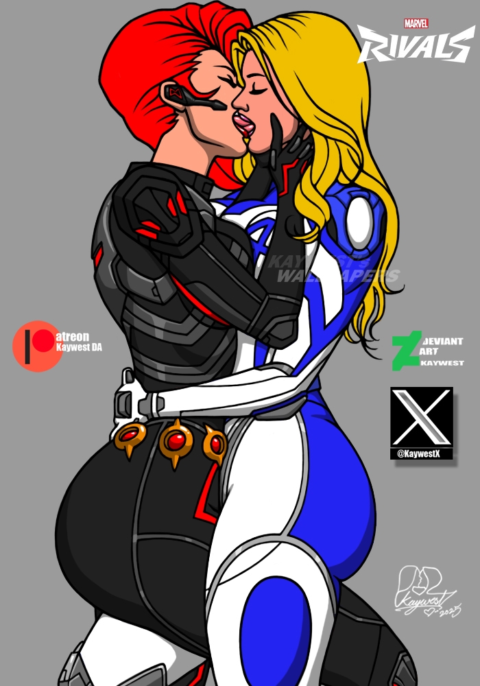 black_widow_(marvel) black_widow_(marvel_rivals) french_kiss invisible_woman invisible_woman_(marvel_rivals) kaywest kissing marvel marvel_comics marvel_rivals natasha_romanoff sue_richards sue_storm tongue_kiss