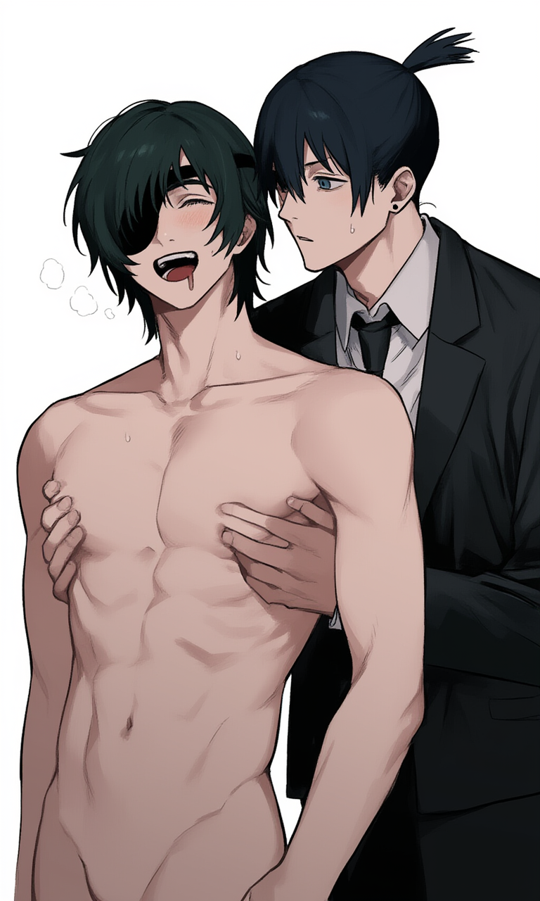 2boys ai_generated black_hair black_necktie black_pants black_suit blue_eyes chainsaw_man clothed_male drooling eyepatch genderswap genderswap_(ftm) grabbing_pecs hayakawa_aki himeno_(chainsaw_man) naked_male open_mouth rule_63 sweating topknot white_background yaoi