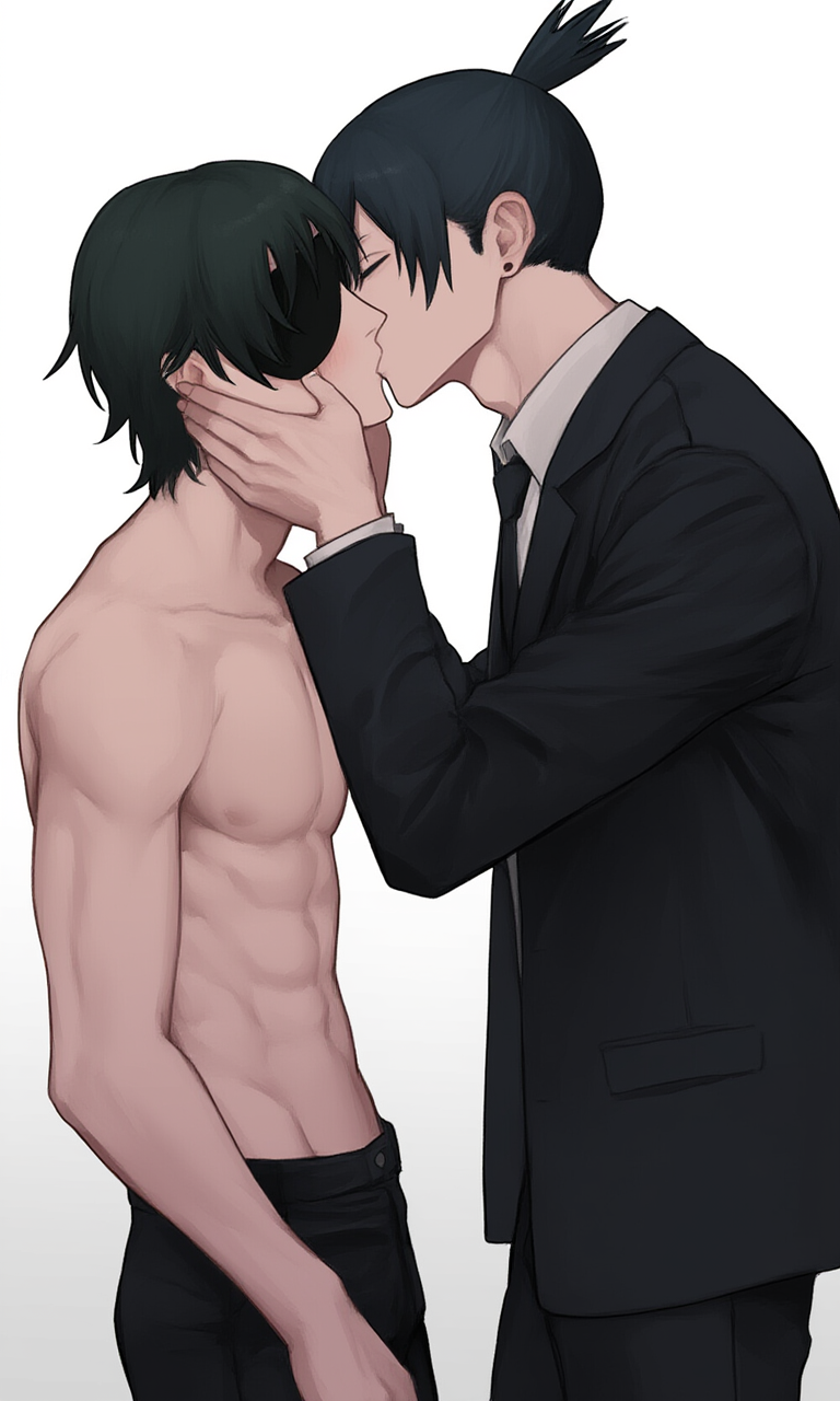 2boys ai_generated black_hair black_pants black_suit blush chainsaw_man closed_eyes ear_piercing eyepatch genderswap genderswap_(ftm) hands_on_cheeks hayakawa_aki himeno_(chainsaw_man) kiss_mark rule_63 shirtless shirtless_male topknot white_background yaoi