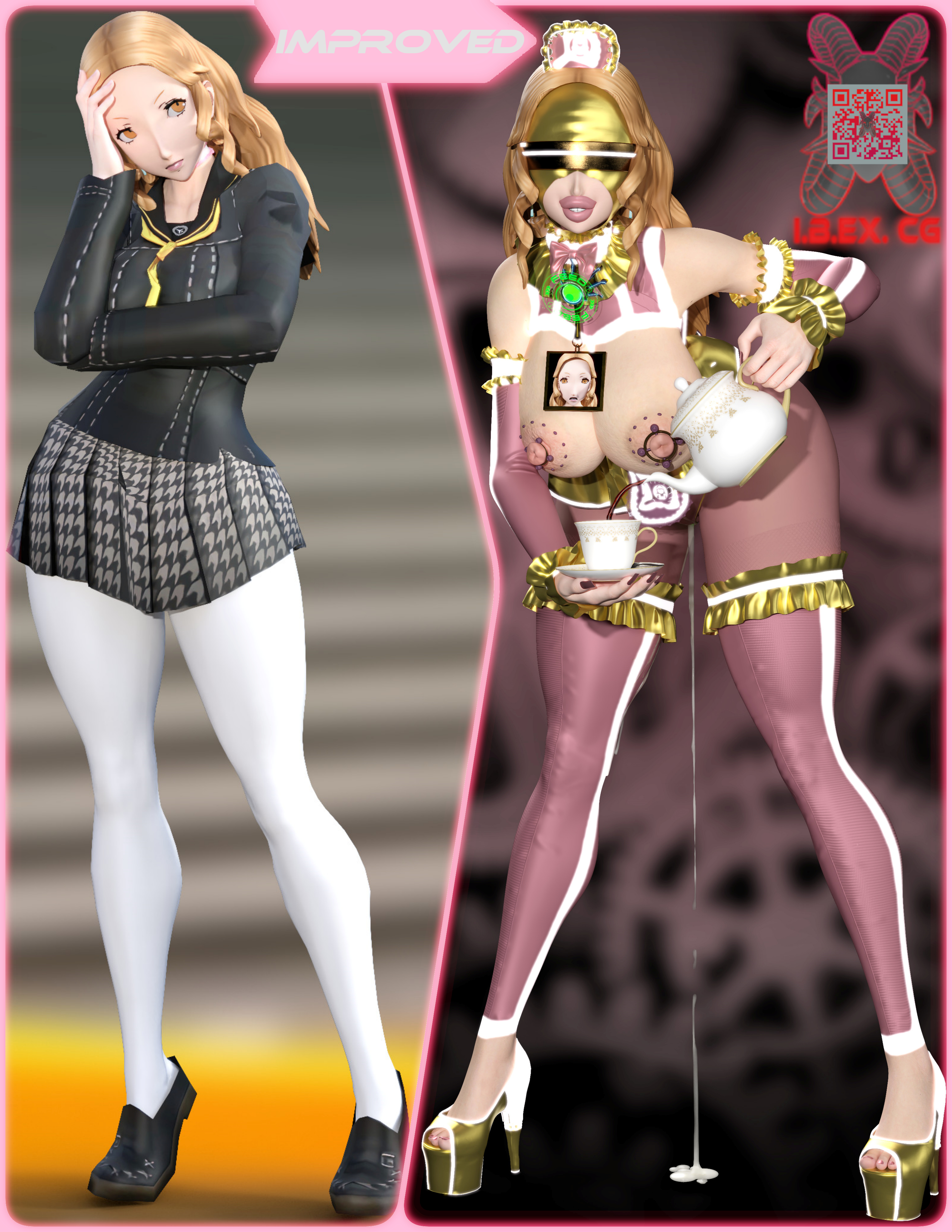 ai ebihara, ass, big ass, big breasts, blonde hair, body modification, bodysuit, breasts, corruption, drone, dronification, ebihara ai, female, high heels, ibex (company), ibex-cg, maid, maid headdress, mind break, mind control, mymaid (ibex), persona, persona 4, platform heels, transformation