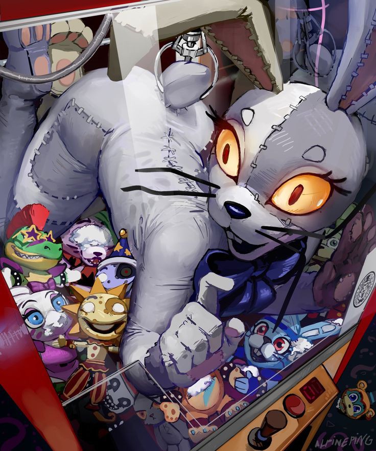 blue_bowtie bunny_ear bunny_ears bunnysuit claw_machine five_nights_at_freddy's five_nights_at_freddy's:_security_breach fnaf glamrock_bonnie_(fnaf) glamrock_chica_(fnaf) glamrock_freddy_(fnaf) glass mask solo stitches stuck stuck_in_object unknown_artist vanny vanny_(fnaf) yellow_eyes