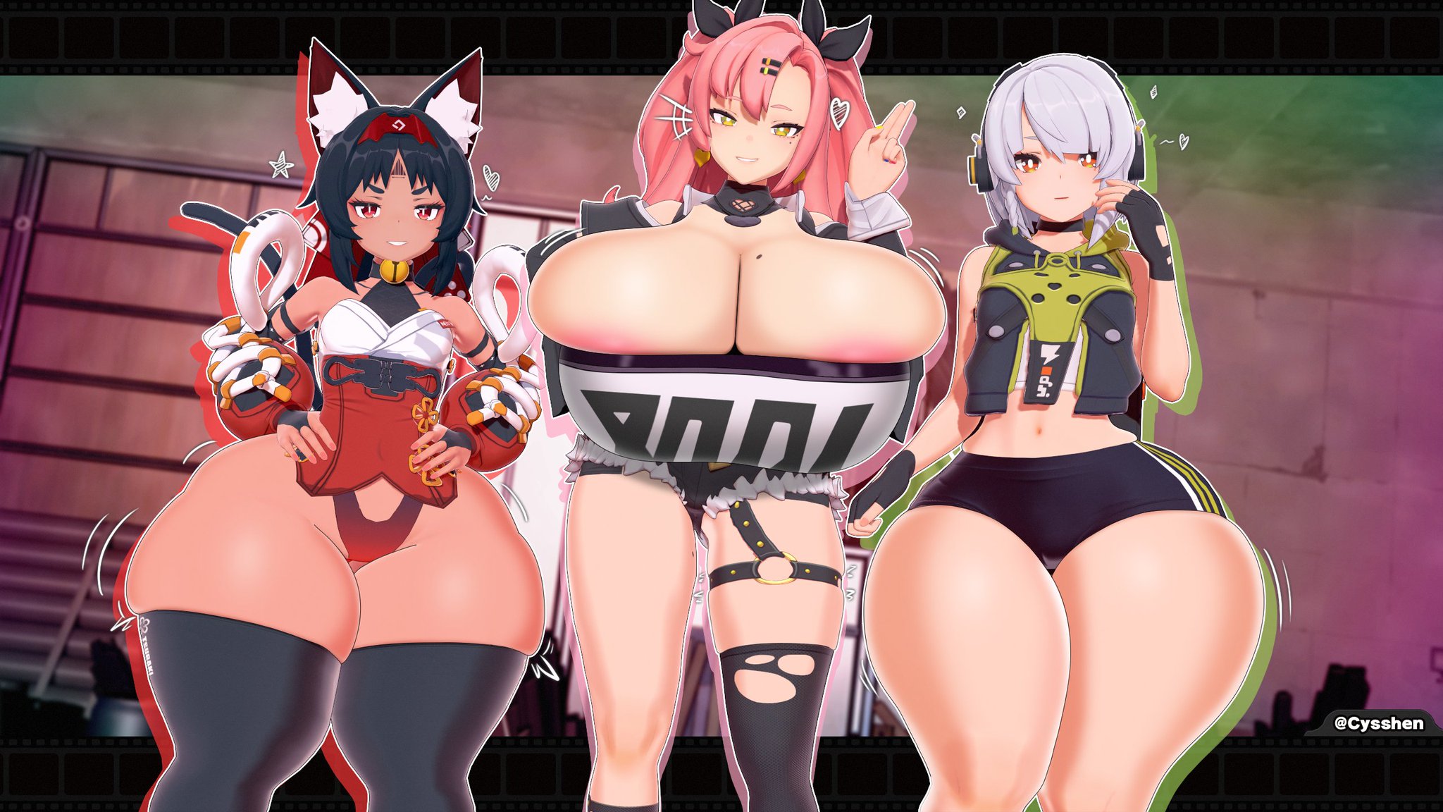 3d, 3d (artwork), 3girls, anby demara, areola, areola slip, areolae, areolae slip, b and p (body types), background, barely contained, big areola, big areolae, big ass, big breasts, big butt, big ears, big thighs, black hair, bottom heavy, bottom heavy female, breasts, cat ears, cat girl, cat tail, catgirl, cunning hares, cyshen, enormous ass, enormous breasts, enormous thighs, enormous tits, female, fingerless gloves, fully clothed, gloves, green eyes, green outline, hair ribbon, hoyoverse, large breasts, large butt, large thighs, legwear, looking at viewer, modified costume, movement lines, nekomiya mana, nicole demara, orange eyes, outline, outlines, pink hair, pink outline, red eyes, red outline, ripped leggings, ripped pantyhose, ripped stockings, star, stars, tail, thick, thick ass, thick butt, thick thighs, thigh highs, thighhighs, thighs, top heavy, top heavy breasts, very wide hips, watermark, white hair, wide hips, wide thighs, zenless zone zero