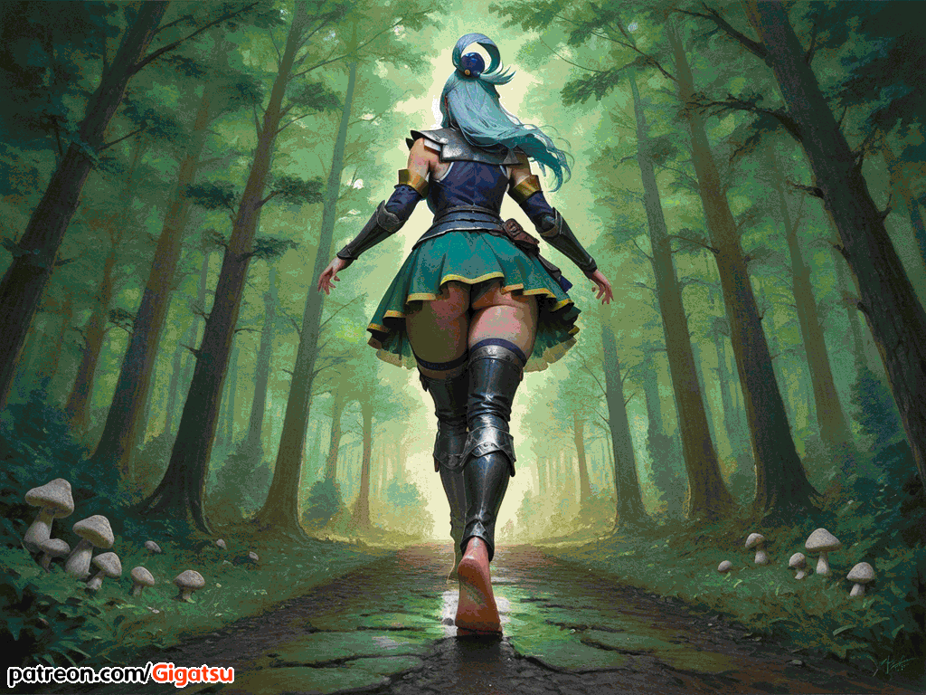 ai_generated aqua_(konosuba) aqua_hair ass ass_focus barefoot feet foot_fetish foot_focus forest from_behind gigatsu kono_subarashii_sekai_ni_shukufuku_wo! sole_female soles walking