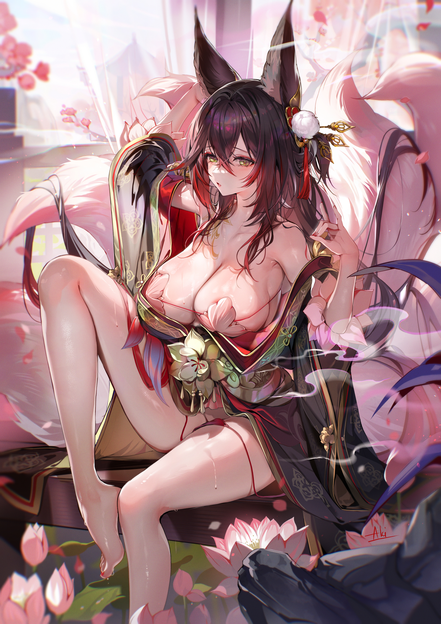akizero1510, breasts, brown hair, female, fox, fox ears, fox girl, fox tail, fugue (honkai: star rail), green eyes, hair ornament, honkai: star rail, tagme, tingyun (honkai: star rail), underwear, voluptuous