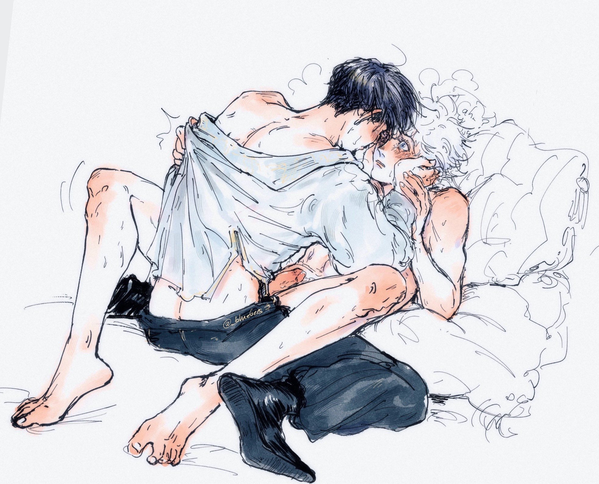 2boys, anal, anal sex, bed, black hair, bluebees, blush, cum, gay, male, olruggio (witch hat atelier), qifrey (witch hat atelier), sketch, skinny, white background, white hair, witch hat atelier, yaoi
