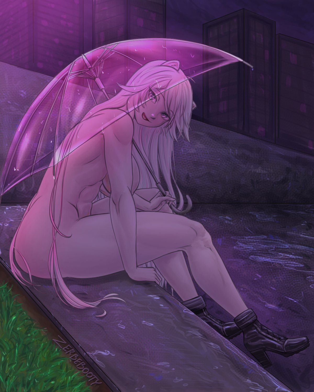 casual_nudity exhibitionism hololive hololive_gen_5 hololive_japan lion_girl naked_footwear public public_nudity purple_lighting rain shishiro_botan shoes shoes_only umbrella virtual_youtuber weiss_schwarz white_hair zerbebuth