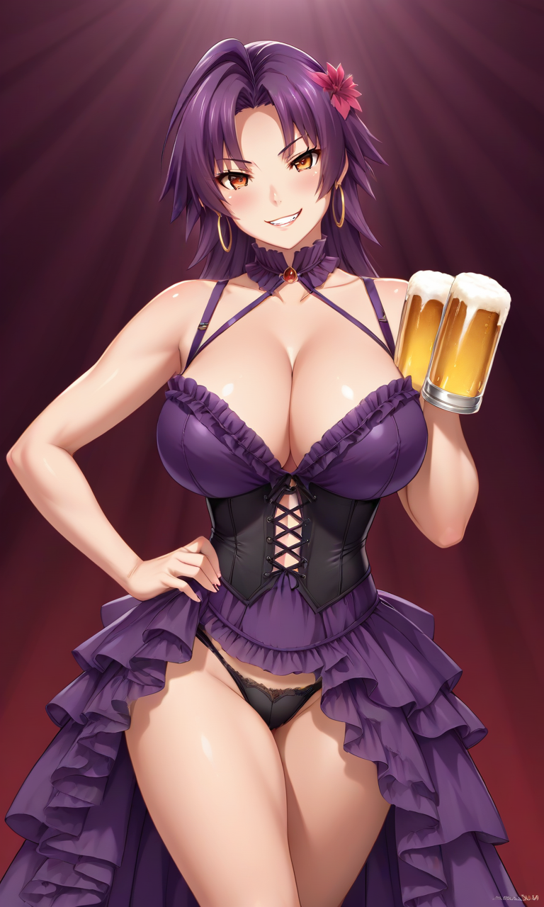 1girls ahoge ai_generated ass azuma_marina bare_shoulders big_ass big_breasts breasts burlesque cleavage corset earrings female hair_ornament holding_beer hoop_earrings huge_ass huge_breasts isogil kashidashi_tsuma_marina_no_"netorase"_houkoku_binkan_tsuma_to_zetsurin_daigakusei looking_at_viewer looking_back_at_viewer nipples panties purple_dress purple_hair sexy_pose shiny_skin short_hair thick_thighs thighs