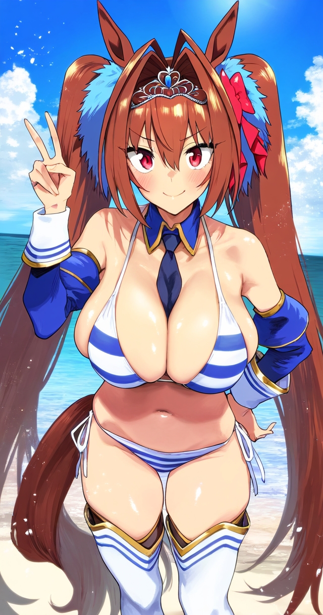 ai_generated animal_ears breasts daiwa_scarlet_(umamusume) female hips horse_girl looking_at_viewer pussy red_eyes ribbon_in_hair striped_bikini tiara twintails umamusume umamusume_pretty_derby