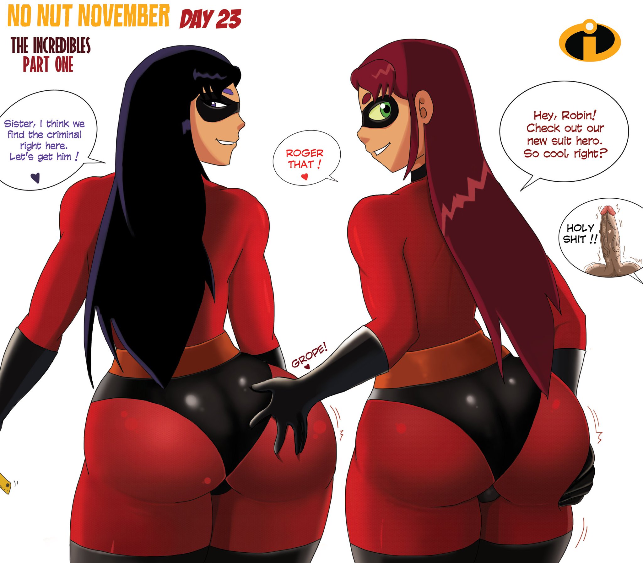 1boy, 2girls, alien, alien girl, ass, big penis, blackfire, comic, cosplay, crossover, crossover cosplay, dc, dc comics, dick grayson, disney, elastigirl (cosplay), female, huge cock, komand'r, koriand'r, male, no nut november, penis, pixar, robin (dc), robin (dick grayson), smooth skin, starfire, tamaranean, teen titans, the incredibles, vn simp
