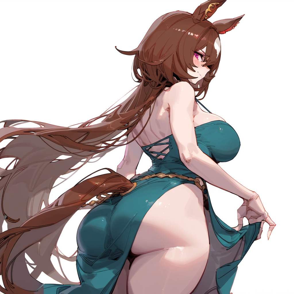 ai_generated animal_ears ass back_view brown_hair dress female horse_girl long_hair markings markings_on_head red_eyes side_slit sirius_symboli_(umamusume) slit_dress umamusume umamusume_pretty_derby