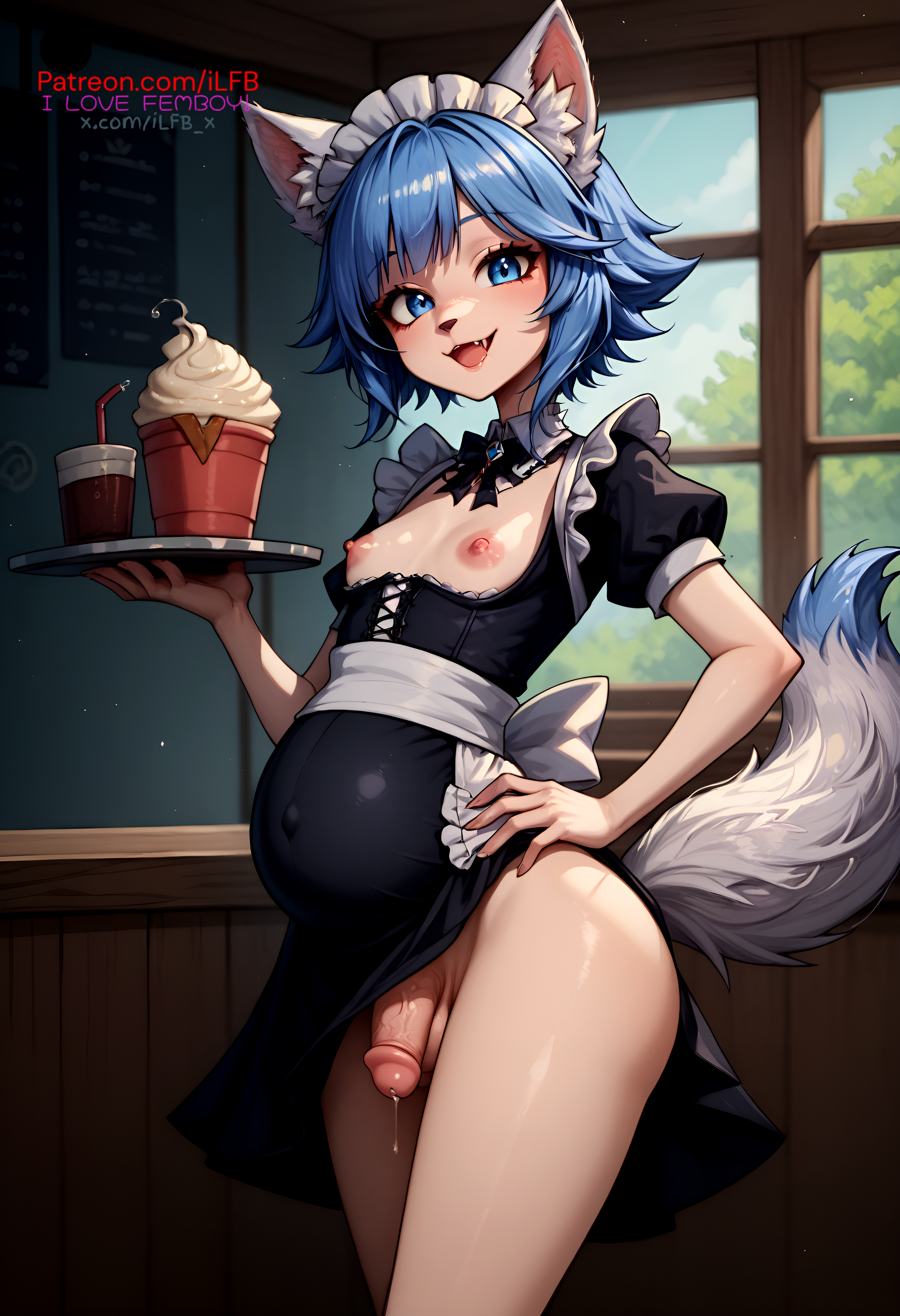 ai generated, balls, blue eyes, blue hair, cat ears, femboy, flaccid, flat chest, fox ears, fox tail, furry, furry only, futanari, ilfb, intersex, maid, male, male pregnancy, more at source, otoko no ko, penis, precum, pregnancy, pregnant, pregnant belly, pregnant futa, pregnant male, solo, standing, testicles, trap
