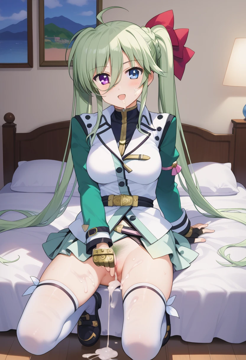 after_sex after_vaginal ai_generated bed bedroom blue_eyes crotch_focus cum cum_dripping cum_in_pussy cum_inside cum_on_clothes cum_on_face cum_on_leg cum_on_socks einhart_stratos female female green_hair hairy_pussy heterochromia legs_open mahou_shoujo_lyrical_nanoha mahou_shoujo_lyrical_nanoha_strikers public_hair purple_eyes sitting_on_bed sweat