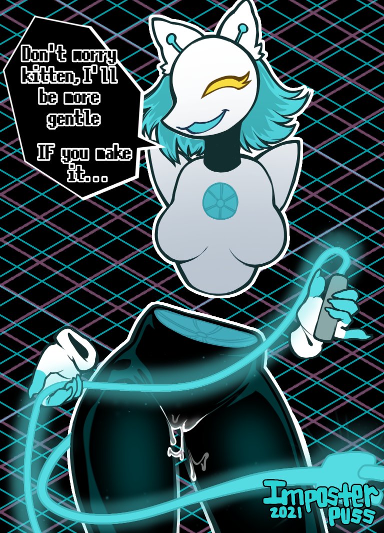 2021 abstract_background anthro blue_hair bodily_fluids cum cum_drip cum_from_pussy cum_in_pussy cum_inside cum_leaking cum_wearing deltarune dialogue dripping english_text felid female floating_hands genital_fluids genitals glowing glowing_weapon hair holding_object holding_whip imposterpuss machine mammal open_mouth open_smile pussy robot smile solo speech_bubble talking_to_viewer tasque_manager_(deltarune) text undertale_(series) video_games whip yellow_eyes