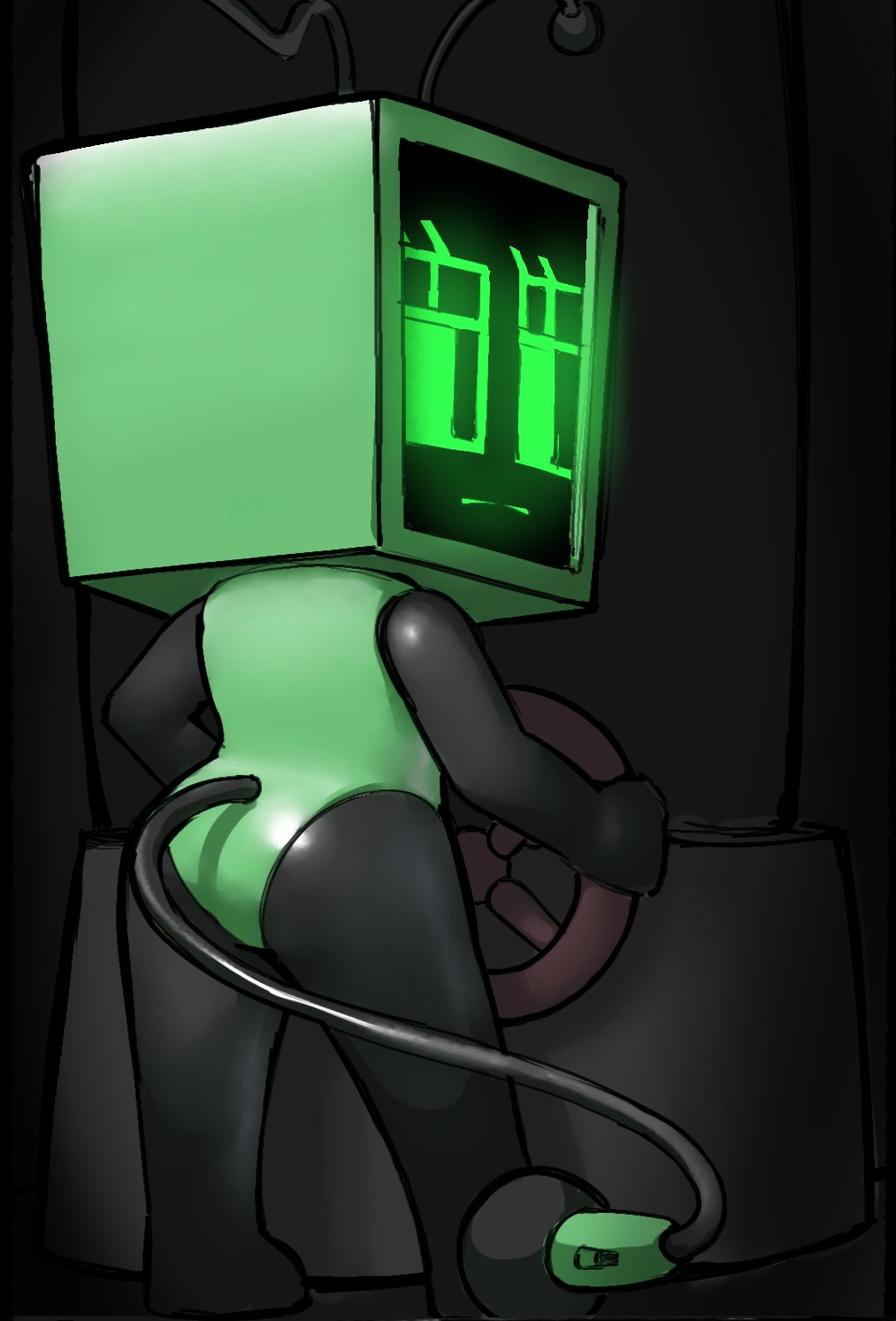 antennae (anatomy), big ass, dandy's world, green body, looking at viewer, mascot horror, mircophone, monkiebrained, multicolored body, punishedtooner, roblox, robot, robot girl, screen face, tail, tv head, unamused, valve (mechanical), vee (dandy's world), video games