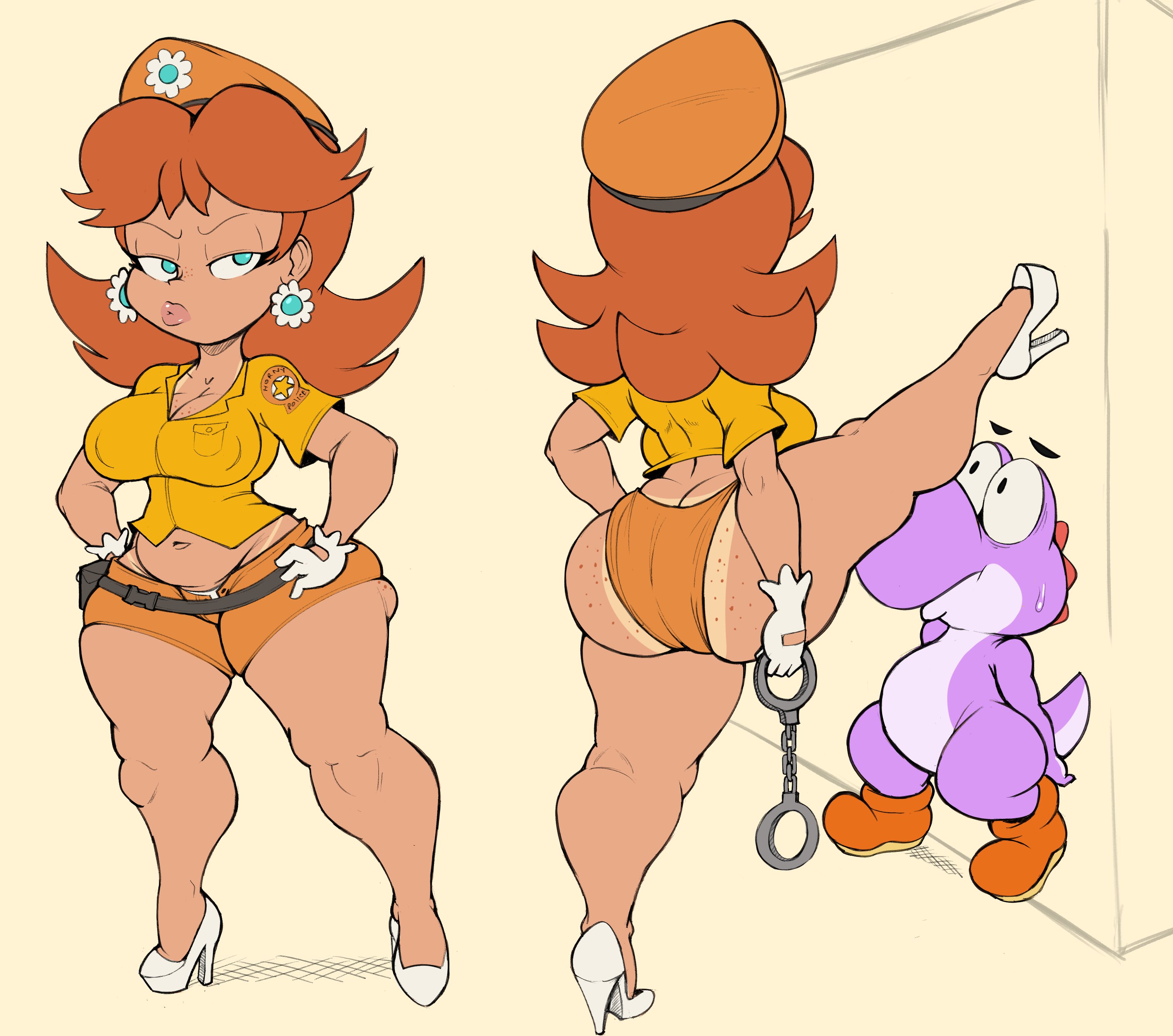 1boy, 1girls, ass, ass cleavage, ass crack, big ass, bimbo, blue eyes, breasts, brown hair, bubble ass, bubble butt, butt crack, cleavage, clothing, cop, cuffs, female, female focus, freckles on ass, full body, handcuffs, hat, holding handcuffs, horny police, leg up, looking at another, male, mario (series), multiple images, multiple views, nintendo, police, police uniform, policewoman, princess daisy, purple yoshi draws, seducing, seductive, shirt, short shorts, shorts, shortstack, standing, tan skin, yoshi