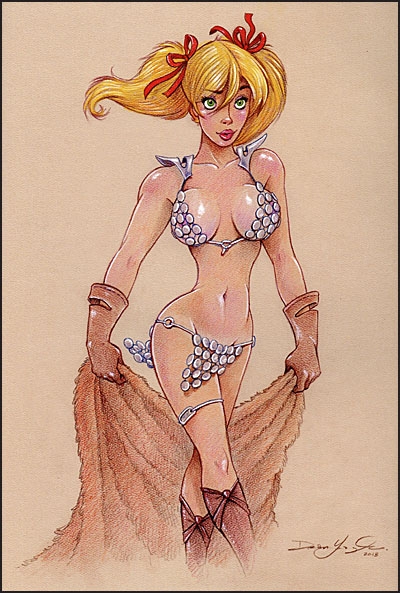 1girl 2d belly_button bikini_armor blonde_female boobs breasts color dean_yeagle female lips mandy_(dean_yeagle) tits twintails