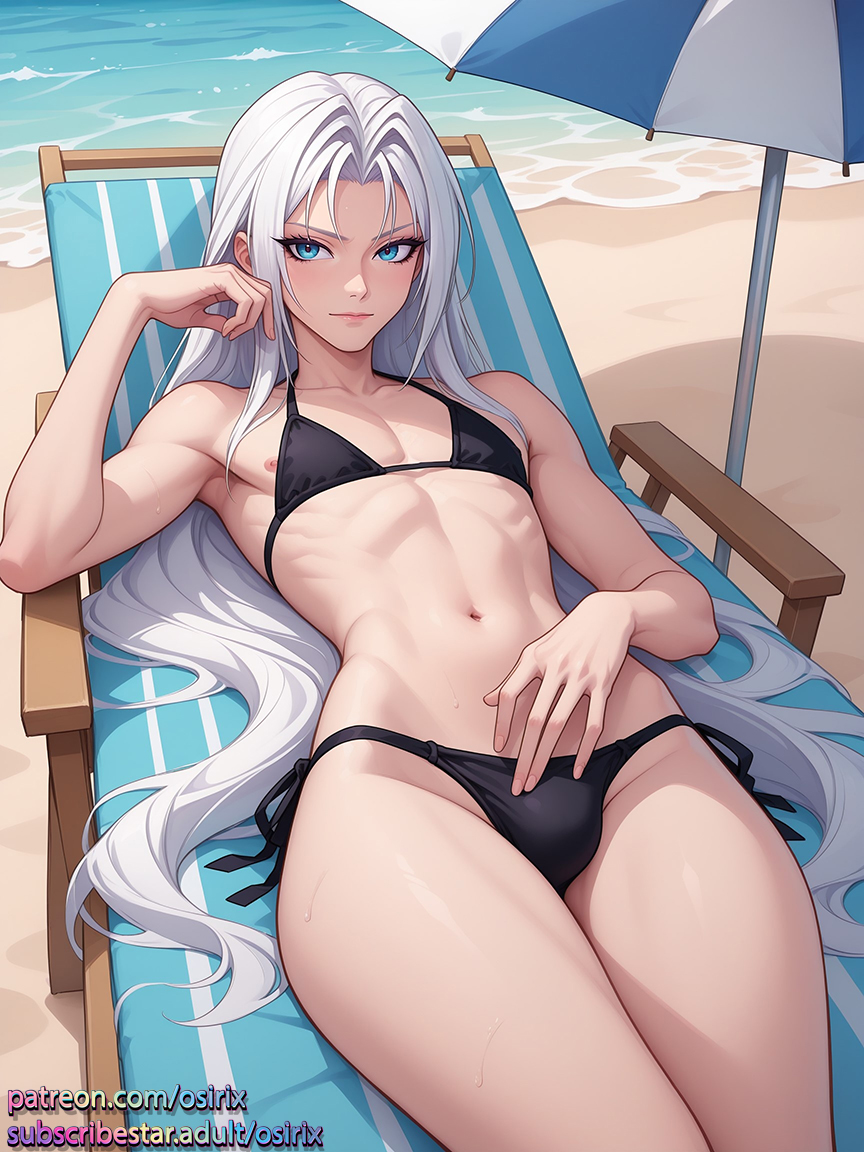 1boy 1male ai_generated beach bikini bulge femboy final_fantasy_vii long_hair male male_only osirix otoko_no_ko self_upload sephiroth skinny skinny_male stable_diffusion white_hair