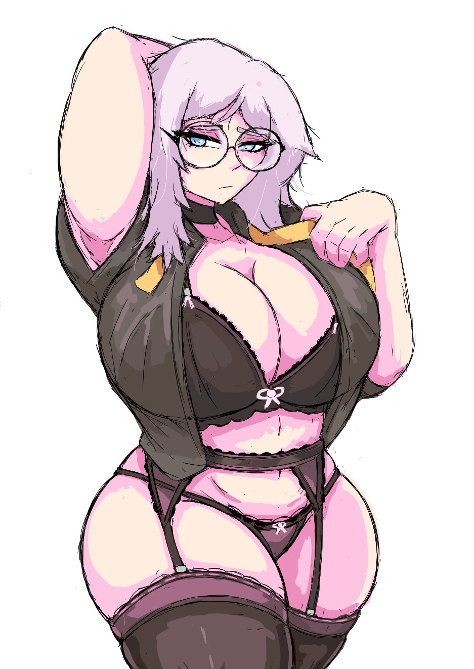 1girls, blue eyes, bra, breasts, cleavage, fat, fat ass, faust (limbus company), female, female only, garter straps, glasses, huge breasts, limbus company, littleteze, open shirt, project moon, solo, tagme, thick thighs, white hair, wide hips