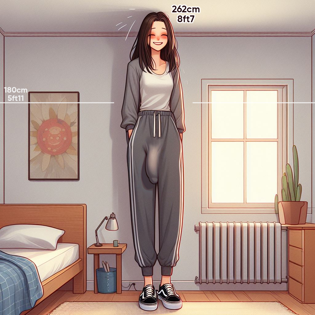 ai_generated big_penis blush bulge flaccid flaccid_penis futa_only futanari giantess height indoors large_penis light-skinned_futanari light_skin mini_giantess penis sneakers soft_penis spalela sweatpants tall taller_girl vans