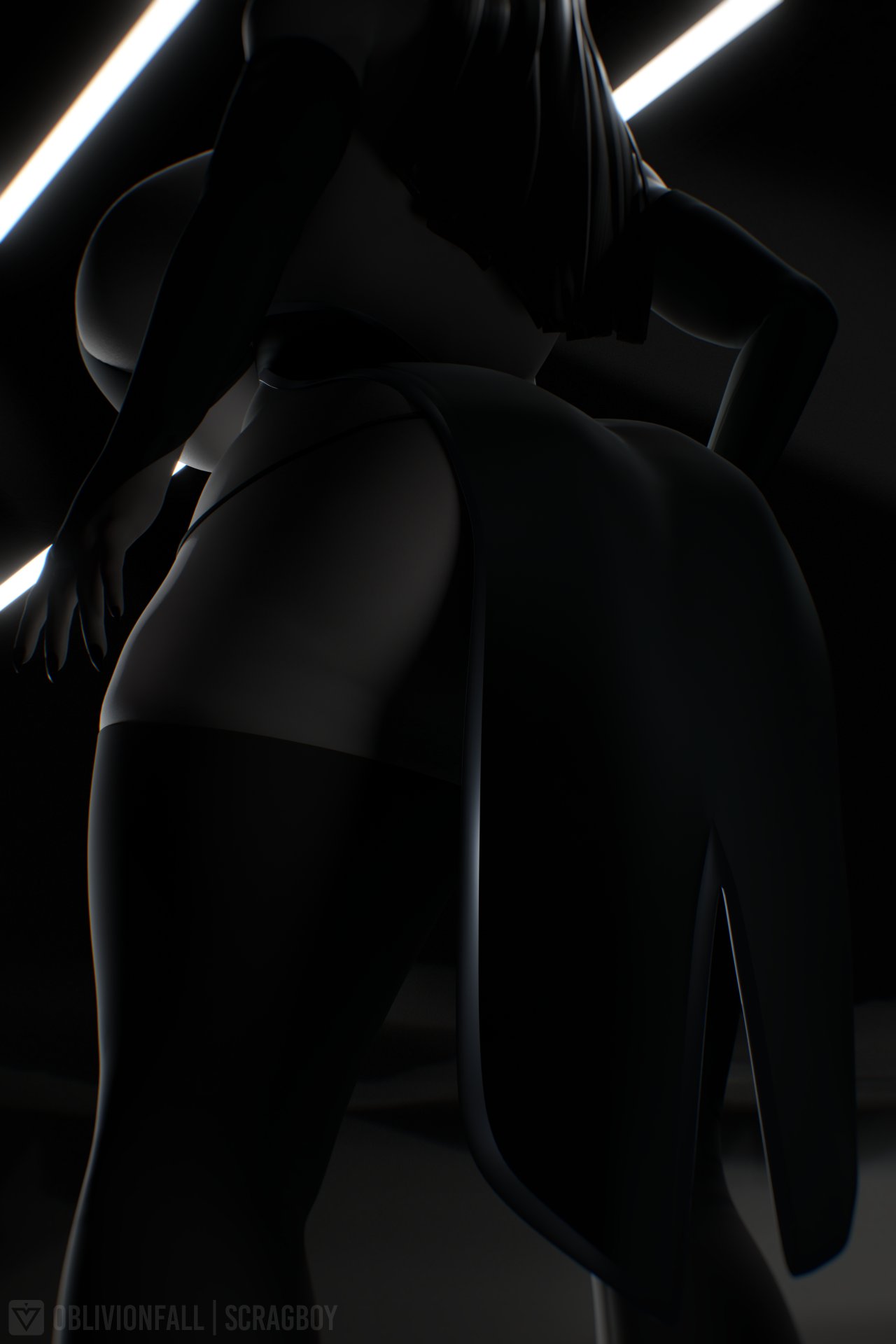 3d 3d_(artwork) areola areola_slip areolae belly_button big_breasts black_hair breasts choker cleavage collarbone demon_girl demon_horns diagonal_bangs dim_lighting eyes gloves glowing_eyes grey_skin horns huge_breasts large_breasts lips long_gloves long_hair looking_down monochrome nipple_slip oblivionfall panties phalia pulling_panties red revealing_clothes scrag_boy scraggy_(artist) straight_bangs straight_hair tummy wide_hips