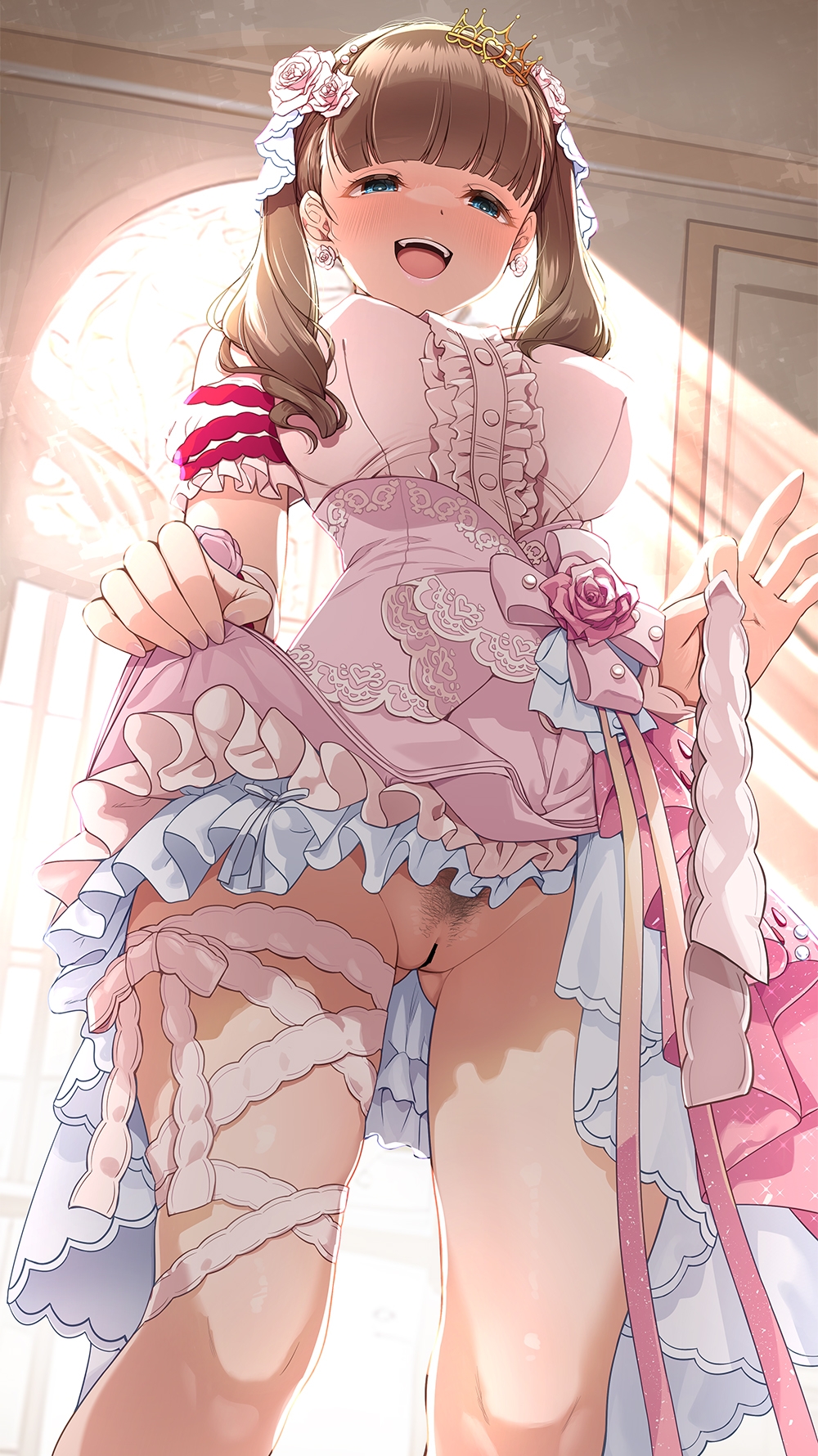 :d bar_censor blue_eyes blunt_bangs blush breasts brown_hair censored clothes_lift cowboy_shot dress dress_lift earrings female female_pubic_hair flower flower_ornament frilled_dress frills hair_flower hair_ornament highres idolmaster idolmaster_cinderella_girls indoors jewelry large_breasts lifting_own_clothes long_hair looking_at_viewer mk_(mod0) no_panties open_mouth pink_dress pubic_hair pussy ribbon sakuma_mayu smile solo thigh_strap tiara twintails