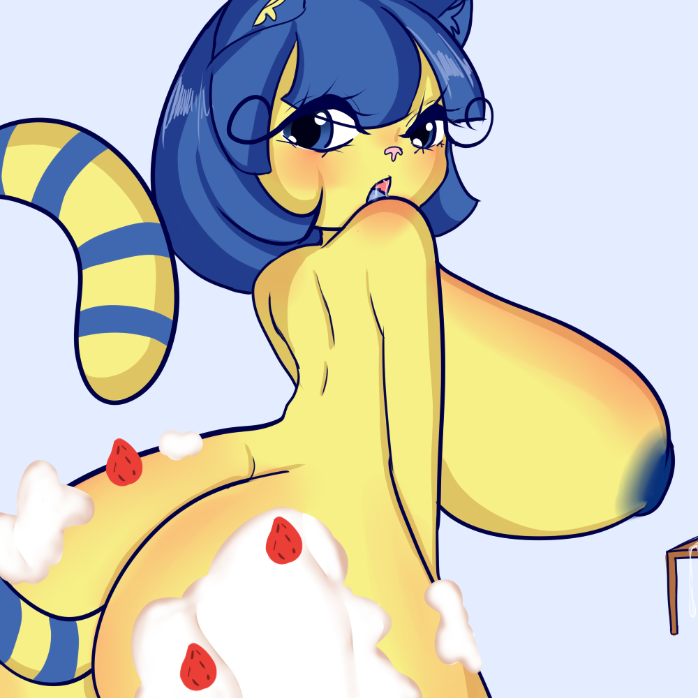 1:1 animal_crossing ankha ankha_(animal_crossing) anthro ass blue_eyes blue_hair breasts cake cake_sitting dessert felid feline female food food_fetish food_play hair mammal nadjarelish nadjarelish_(artist) nintendo solo video_games