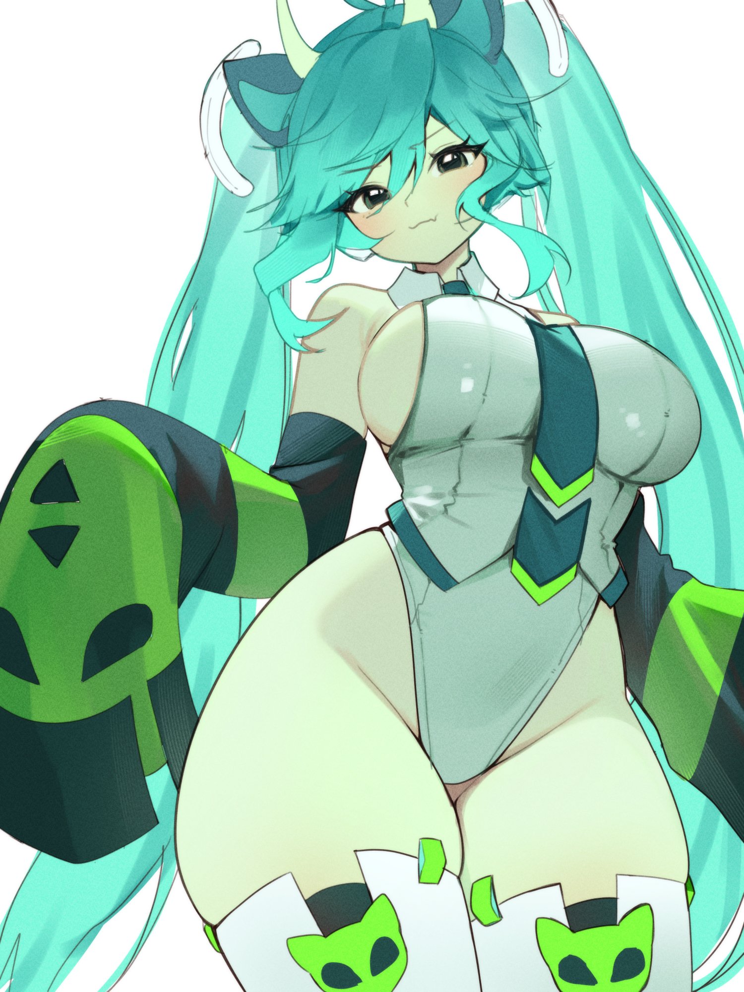 1girl, 1girls, alien, alien girl, animal ears, animal print, anthro, aqua hair, breasts, cleavage, clothed, clothing, detached sleeves, female, female only, glorpi miku (dyarikku), green skin, hatsune miku, highleg, highleg leotard, large breasts, leotard, long hair, looking at viewer, necktie, sideboob, simple background, skyaboveme, solo, thick thighs, thighhighs, thighs, twintails, very long hair, vocaloid, white background, wide hips