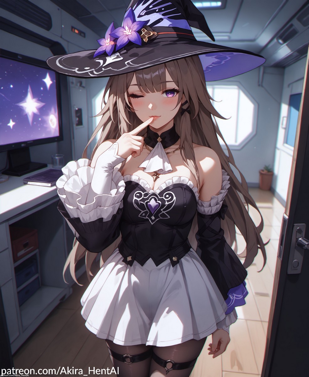 1girls ai_assisted ai_generated akira_hentai date gown hat honkai:_star_rail inviting inviting_to_fuck inviting_to_sex paizuri patreon patreon_reward purple_background the_herta_(honkai:_star_rail) witch