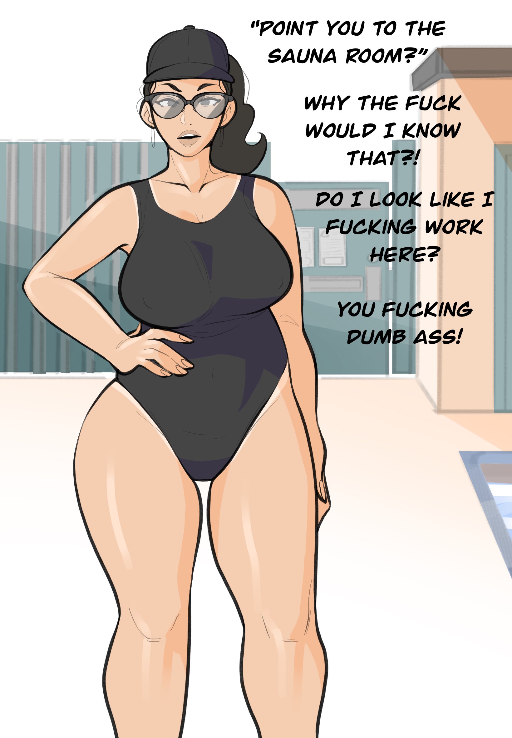 1girls, big breasts, big thighs, black hair, breasts, clothing, english text, female, hat, jopuari, long hair, open mouth, solo female, swimsuit, swimwear, text, twitter link, wide hips