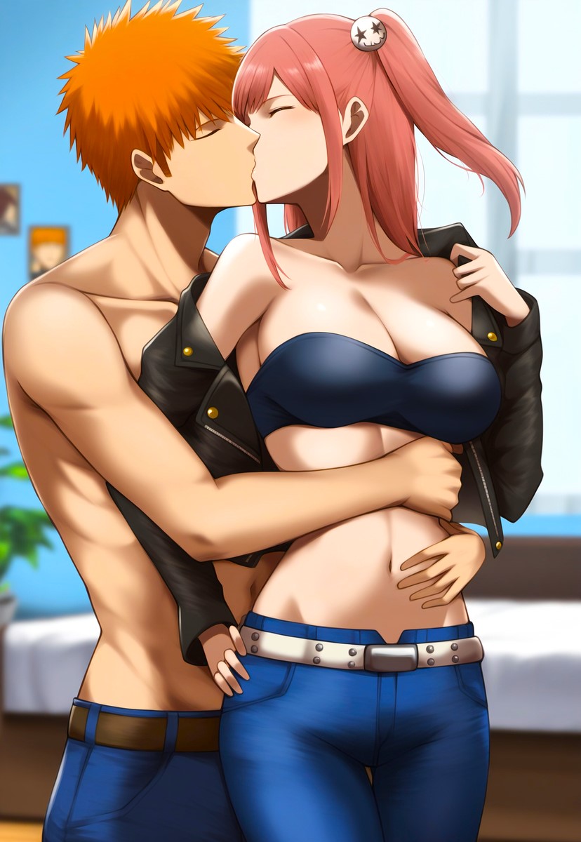 1boy1girl ai_generated anime attractive babe bed bedroom belt big_breasts bleach bleach:_the_thousand-year_blood_war busty cleavage crack_pairing crack_ship crossover crossover_shipping curvy_figure cute dead_or_alive fantasy hairpin handsome honoka_(doa) hugging hugging_from_behind ichigo_kurosaki jeans jnbu kiss_from_behind kissing leather_jacket love midriff navel novelai orange_hair punk_hair sexy spiky_hair straight topless_male undressing video_game_character video_game_franchise video_games window