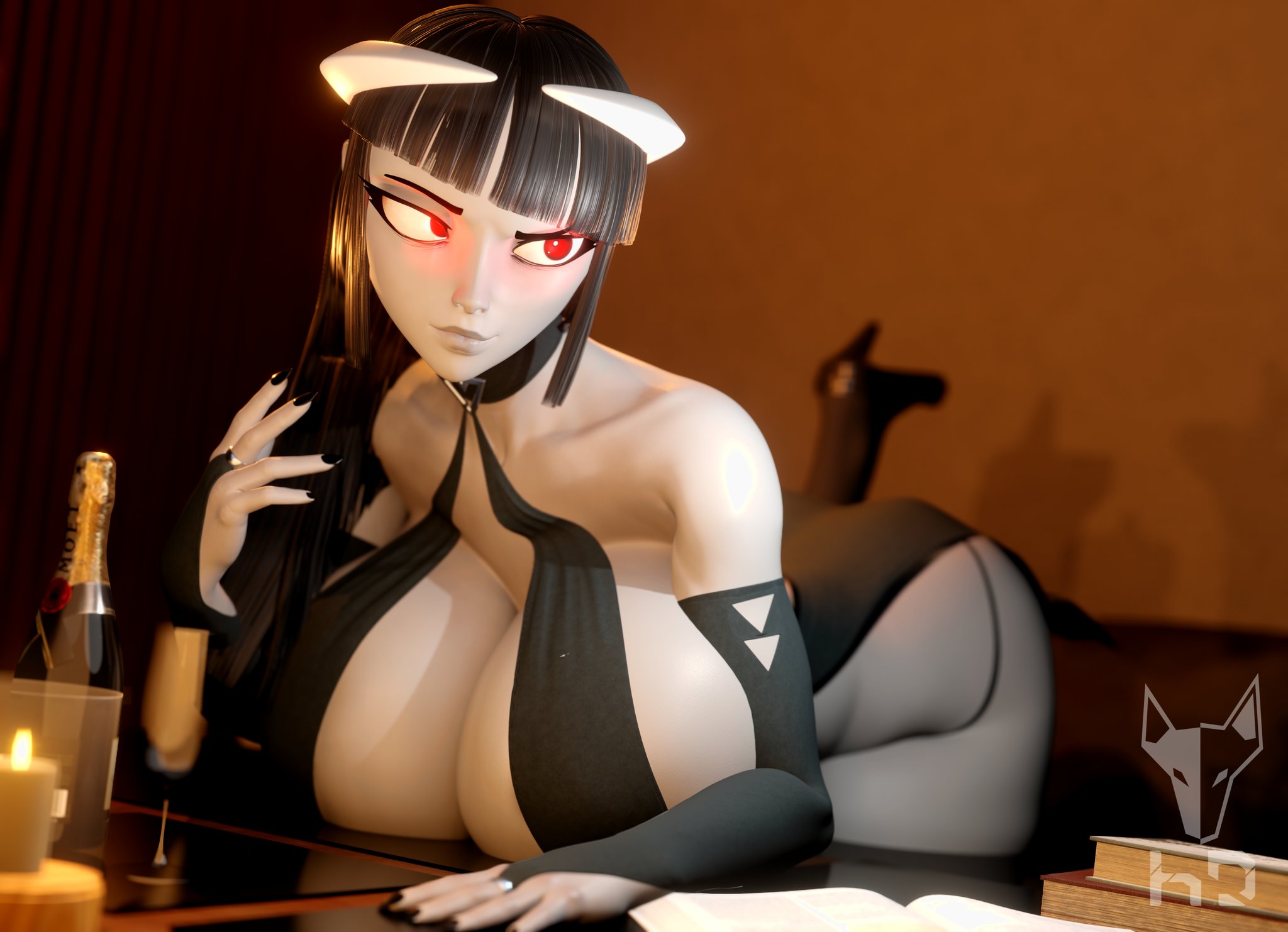 1girls, 3d, altelier t, ass, bent over, big breasts, breast rest, cleavage, female, glowing eyes, grey skin, horns, huge ass, huge breasts, large breasts, oblivionfall, phalia, red eyes, scrag boy (model), tagme