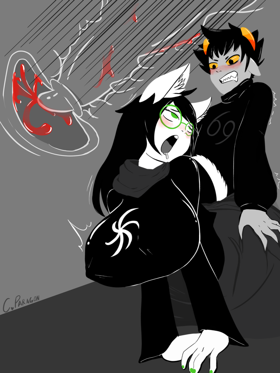 1boy blush carelessparagon clenched_teeth clothed cum cum_in_pussy doggy_style drooling female female god_tier homestuck human jade_harley karkat_vantas large_breasts male open_mouth sex straight tail x-ray