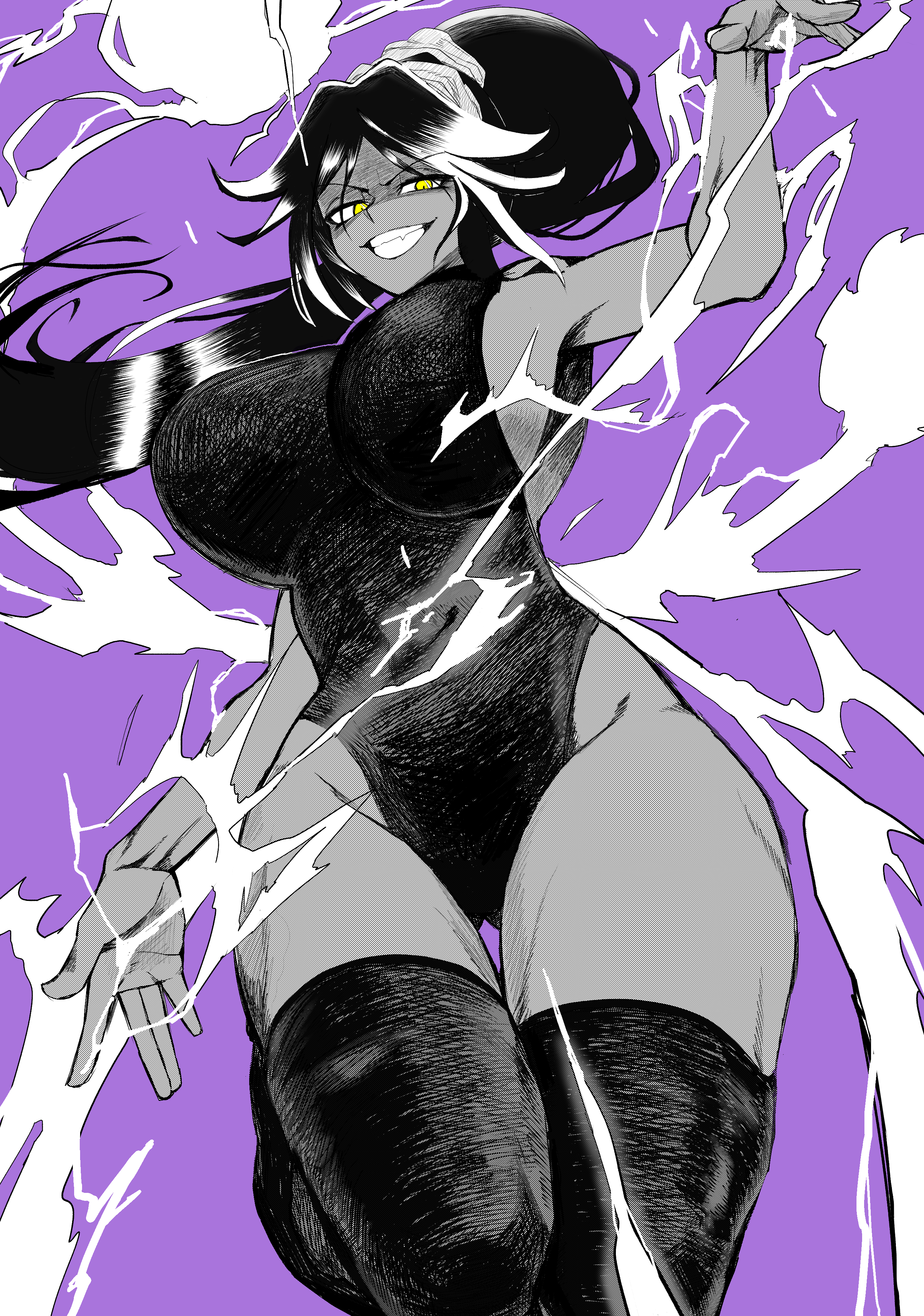 1girls, 2025, big breasts, bleach, breasts, dark skin, dark-skinned female, female, female focus, female only, giri giri (artist), grin, grinning, hi res, large breasts, leotard, long hair, looking at viewer, mature, mature female, monochrome, no bra, ponytail, purple background, sharp teeth, shihouin yoruichi, sideboob, skin tight, smile, solo, solo female, solo focus, thick thighs, thigh gap, thighhighs, thighs, toned, toned female, yellow eyes