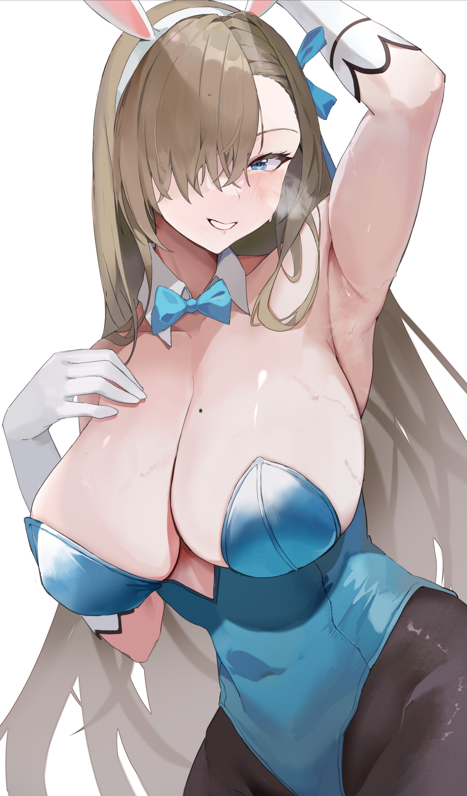 1girls, 2021, arm up, armpit, armpit focus, asuna (blue archive), asuna (bunny) (blue archive), big breasts, blue archive, blue bow, blue eyes, blue leotard, blue ribbon, bow, breasts, bunny ears, covered navel, covered nipples, covered pussy, detached collar, female, female focus, female only, gloves, hair over one eye, highleg leotard, leotard, long hair, looking at viewer, mole, mole on breast, pantyhose, playboy bunny, pussy, smile, smiling, solo, solo female, sweat, sweatdrop, sweaty, sweaty armpit, yoyo (550098)
