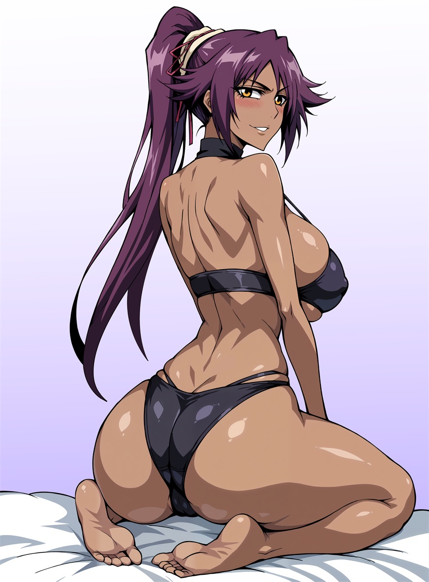 1girls 2025 amber_eyes arched_back arm_support ass bed big_ass big_breasts bikini black_bikini bleach blush breasts brown_eyes cameltoe gradient_background looking_at_viewer looking_back looking_back_at_viewer nipple_bulge on_bed on_knees parted_lips pinup ponytail purple_hair shihouin_yoruichi smile thick_thighs thighs toned toned_female yxyyxy