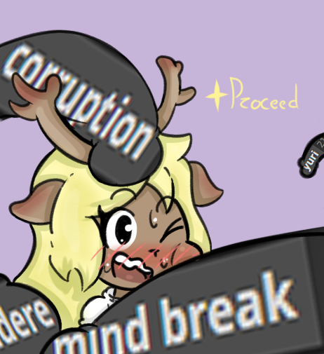 anthro antlers blonde_hair blush bodily_fluids cervid deltarune female genitals hair horn mammal meme noelle_holiday one_eye_closed open_mouth penis penis_on_head proceed simple_background snowgrave solo sweat tags_(disambiguation) text undertale_(series) unknown_artist video_games wink