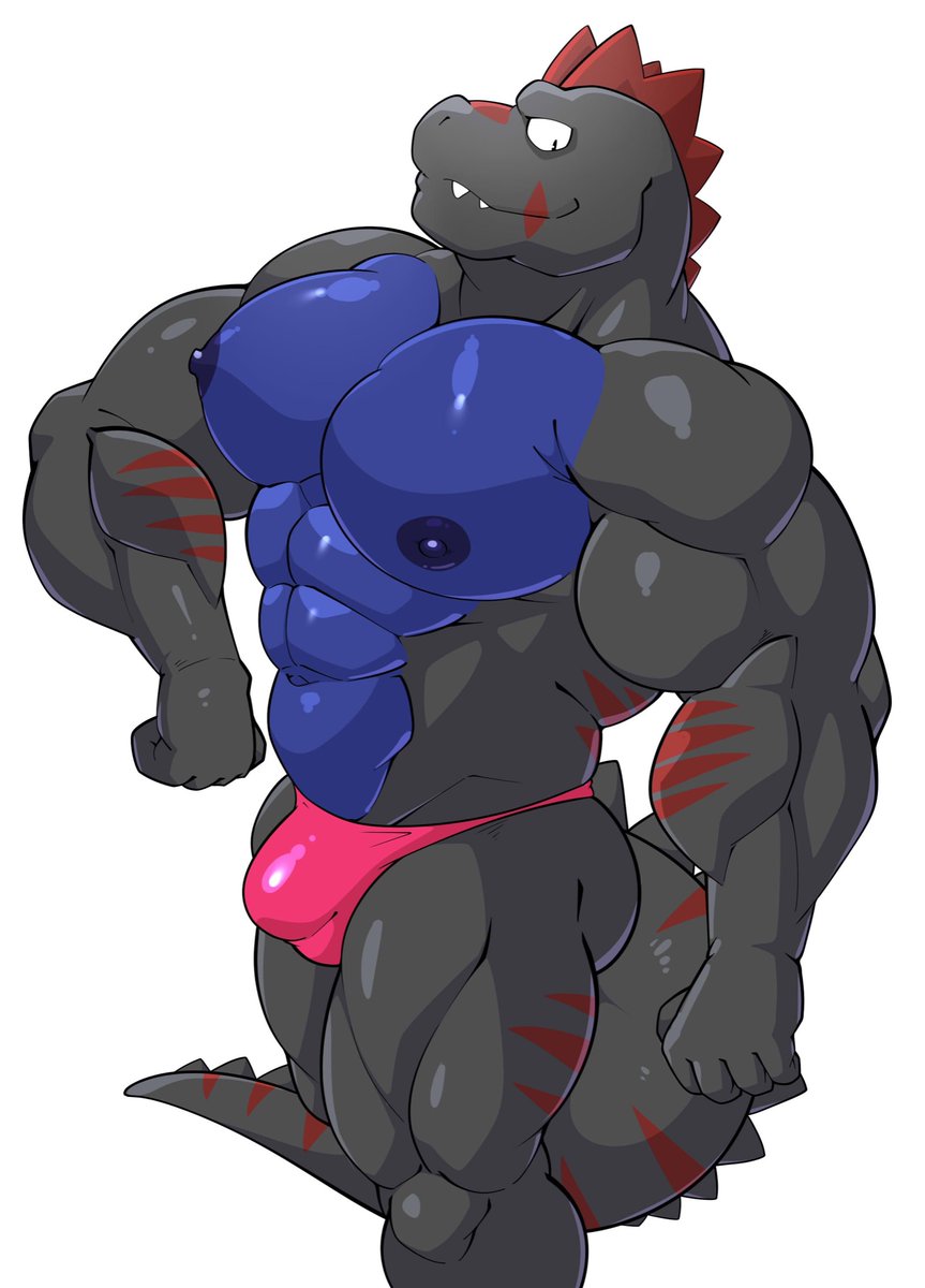 2021 abs alligator alligatorid anthro barazoku biceps big_muscles bulge clothing crocodilian dinosaur flexing hi_res huge_muscles hybrid maldu male male_only muscular muscular_anthro muscular_male navel nipples pecs qaz quads reptile scalie simple_background smile solo standing thong underwear white_background