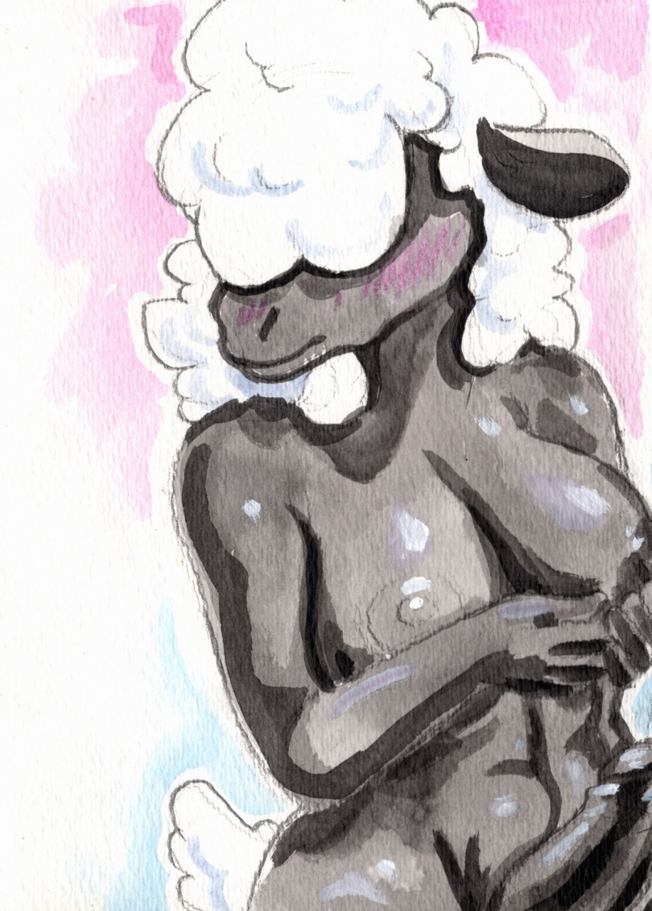 anthro black_body black_skin bovid breasts cadmiumtea caprine carol_(brocade) domestic_sheep erection futanari genitals hair hair_over_eye hi_res mammal man_boobs one_eye_obstructed overweight_male penis pride_colors sheep shy solo suffolk_sheep