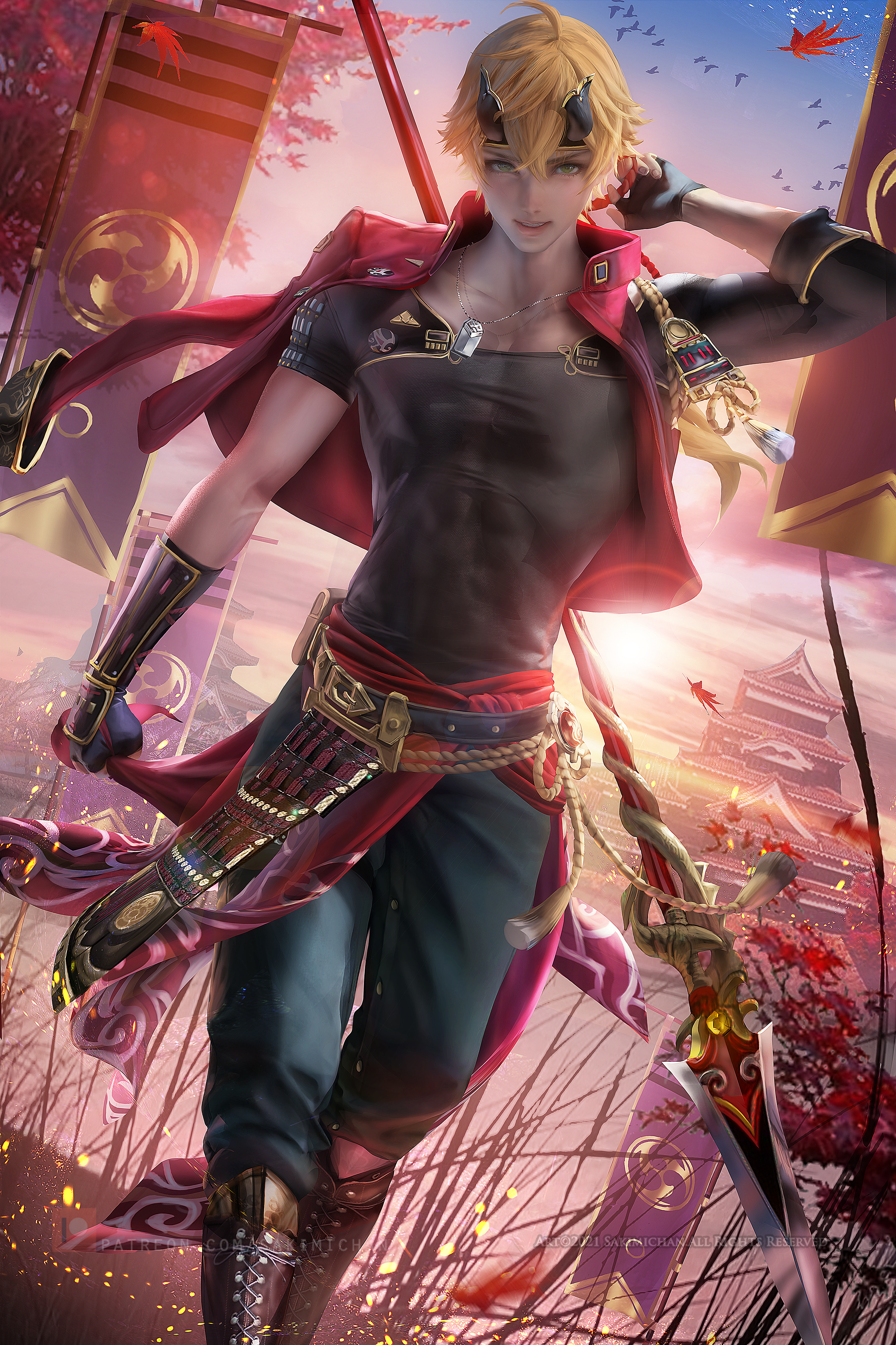 blonde hair, genshin impact, green eyes, male, male only, sakimichan, thoma (genshin impact)